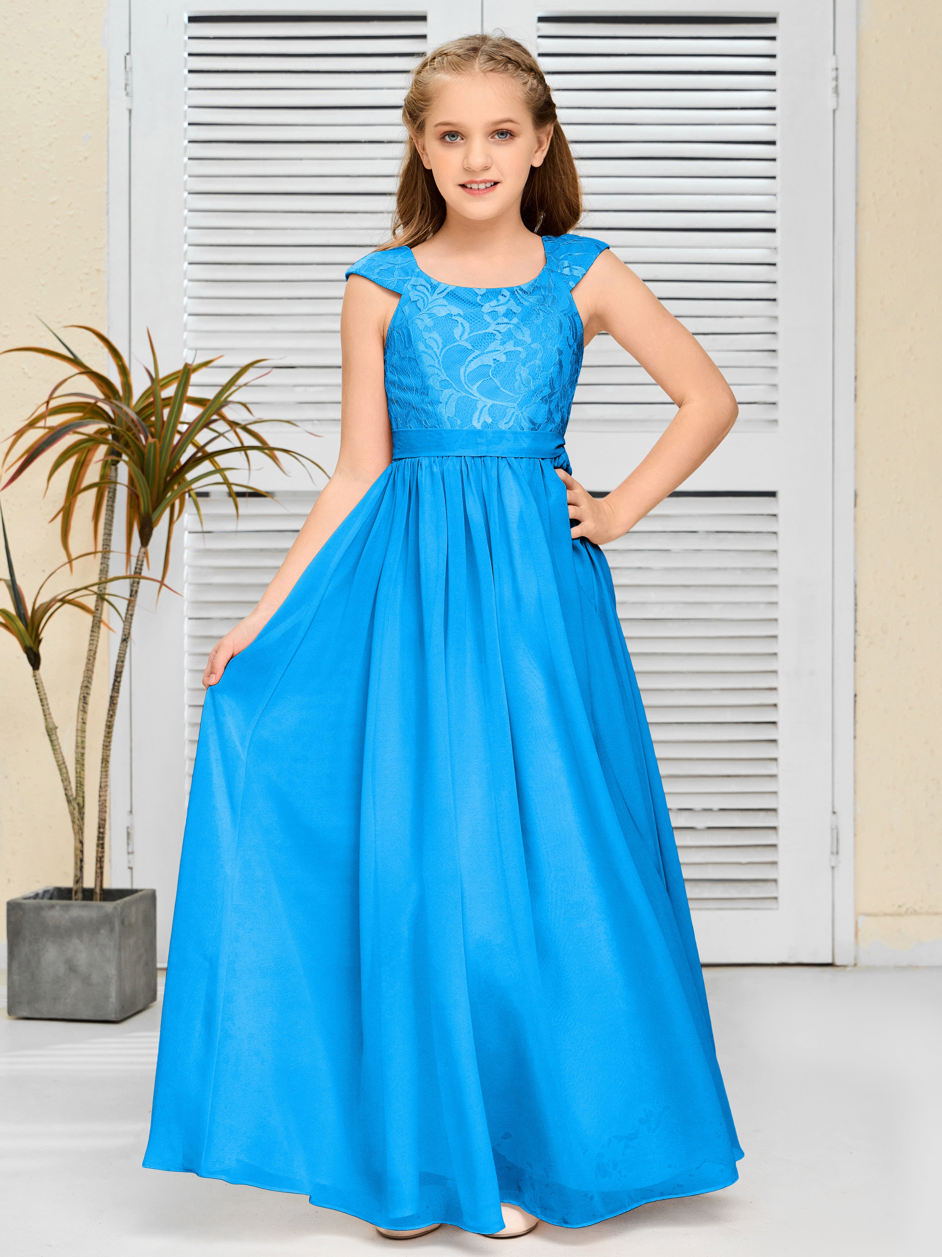 Round Neck Cap Sleeves Chiffon Junior Bridesmaid Dress