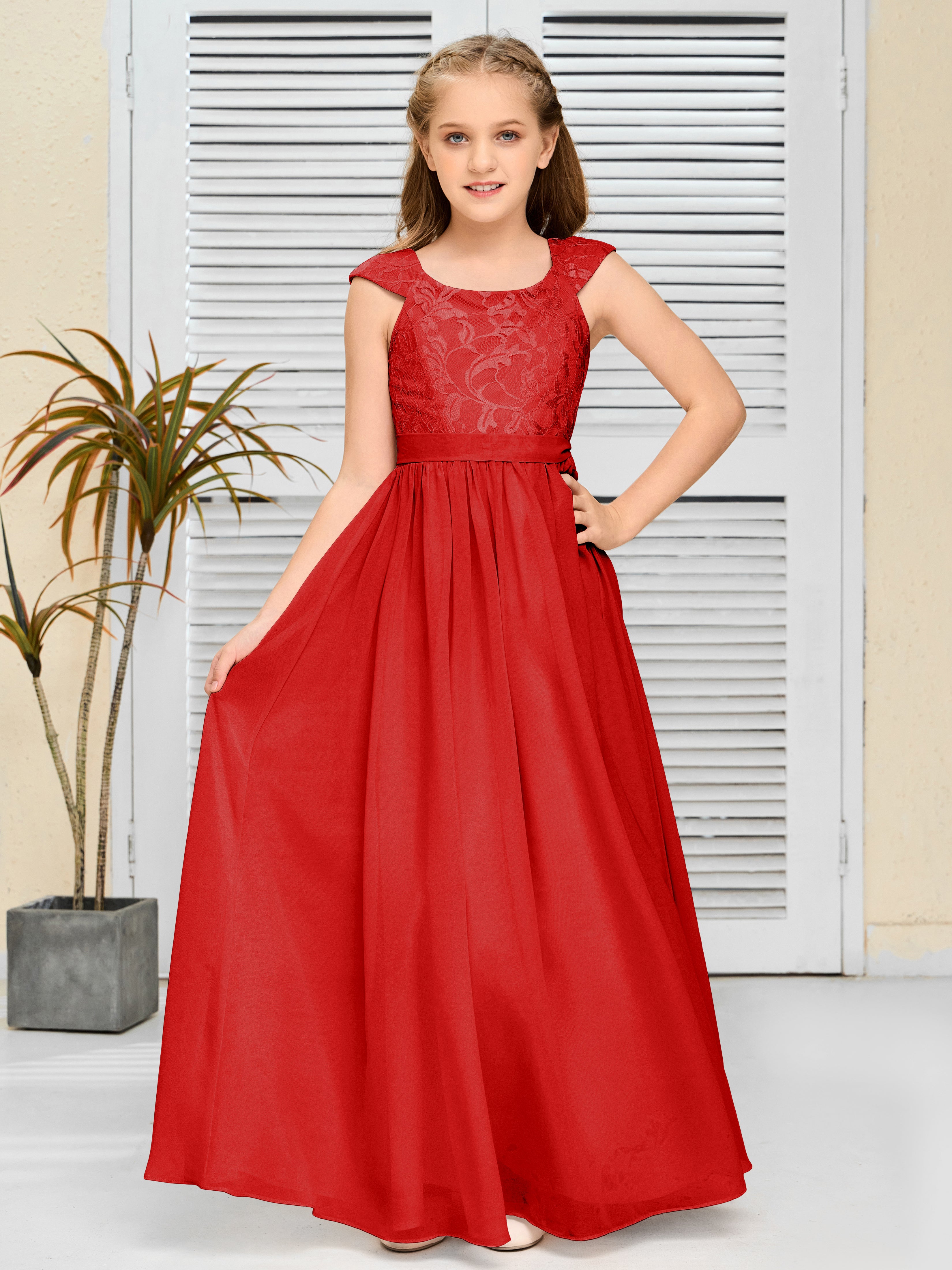 Round Neck Cap Sleeves Chiffon Junior Bridesmaid Dress