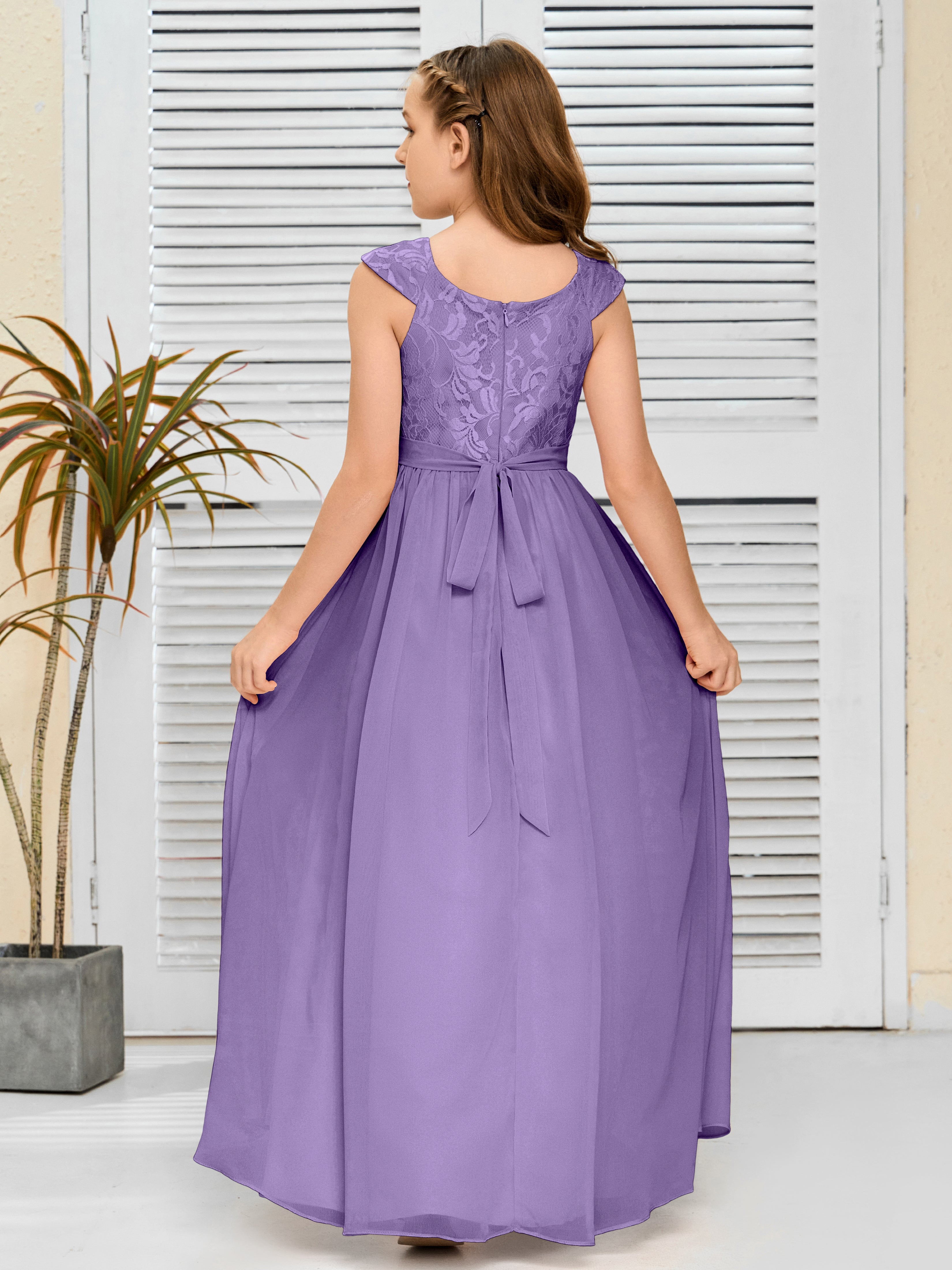 Round Neck Cap Sleeves Chiffon Junior Bridesmaid Dress