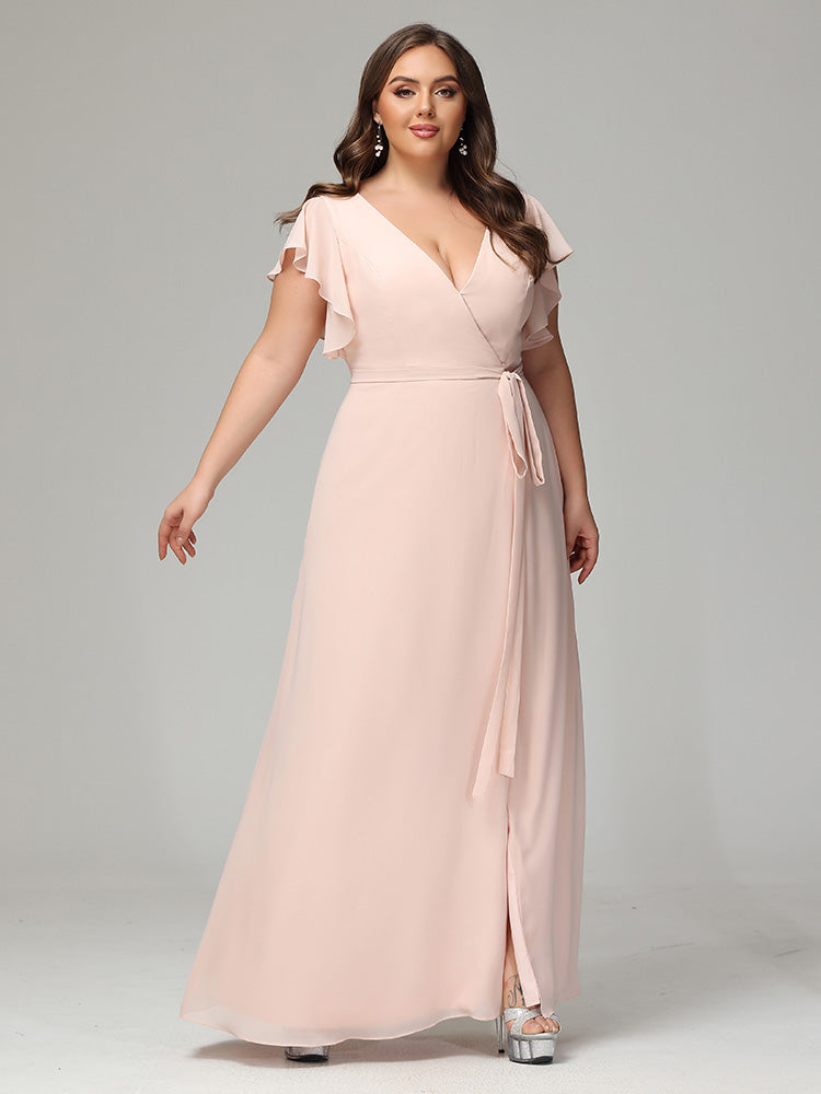 Ruffles Sleeves Chiffon Plus Size Bridesmaid Dresses