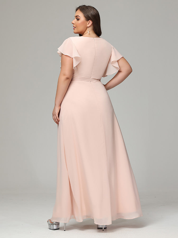 Ruffles Sleeves Chiffon Plus Size Bridesmaid Dresses