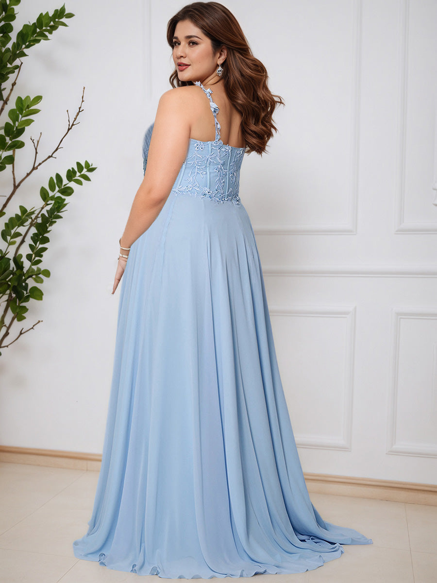 Cicinia Sky Blue A-Line Sleeveless Chiffon Plus Size Prom Dress with Sweep Train