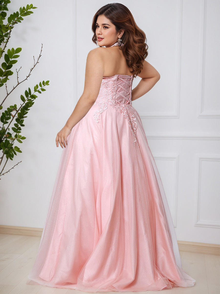 Cicinia Blush Tulle Halter A-Line Plus Size Prom Dress with Sweep Train