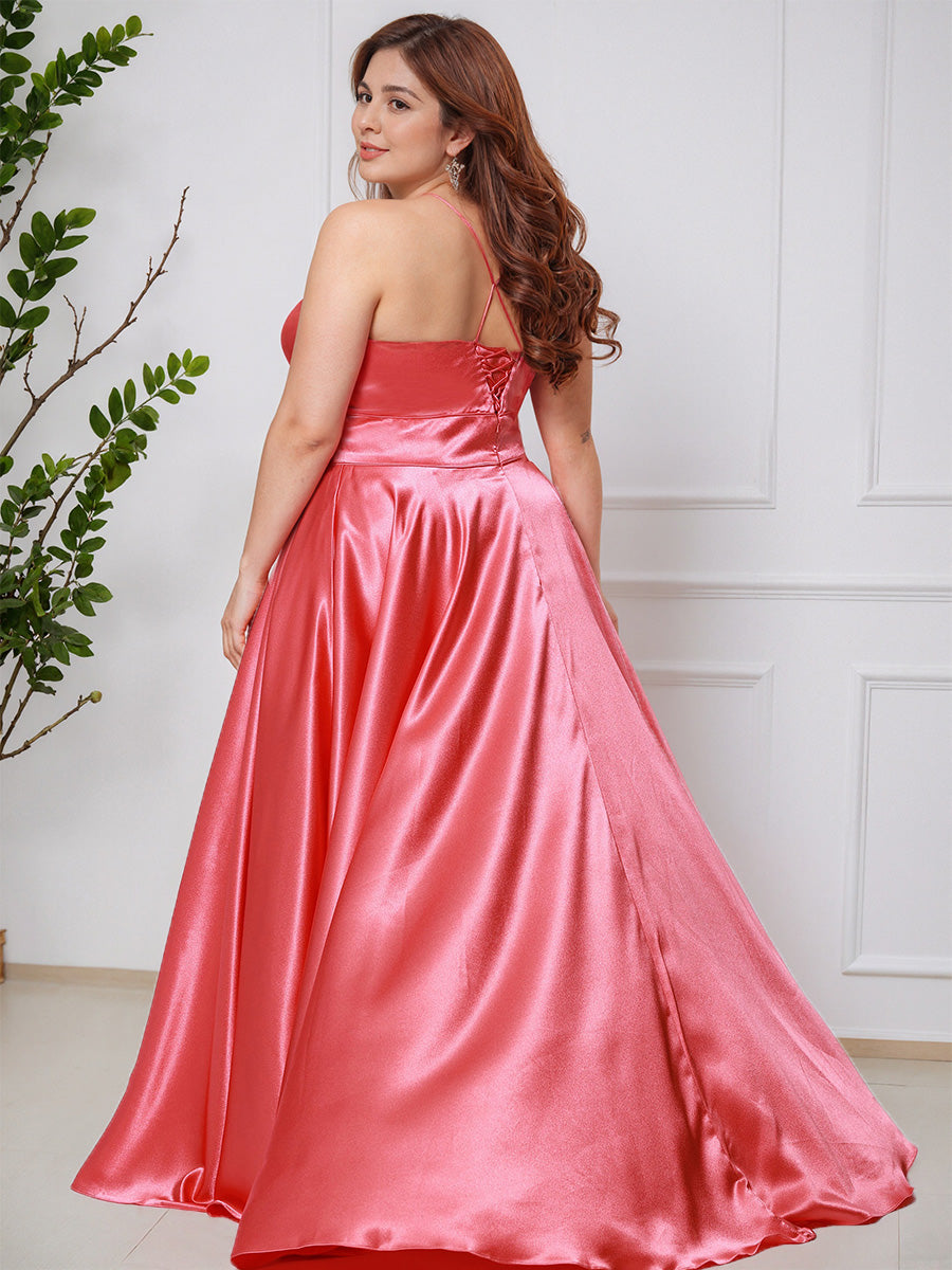 Cicinia Watermelon Plus Size Prom Dress A-Line Long Soft Satin Spaghetti Straps Evening Gown