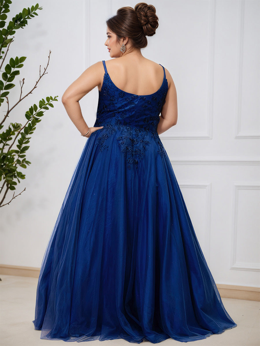 Cicinia Royal Blue A-Line Lace Tulle Floor Length Plus Size Prom Dress Evening Gown