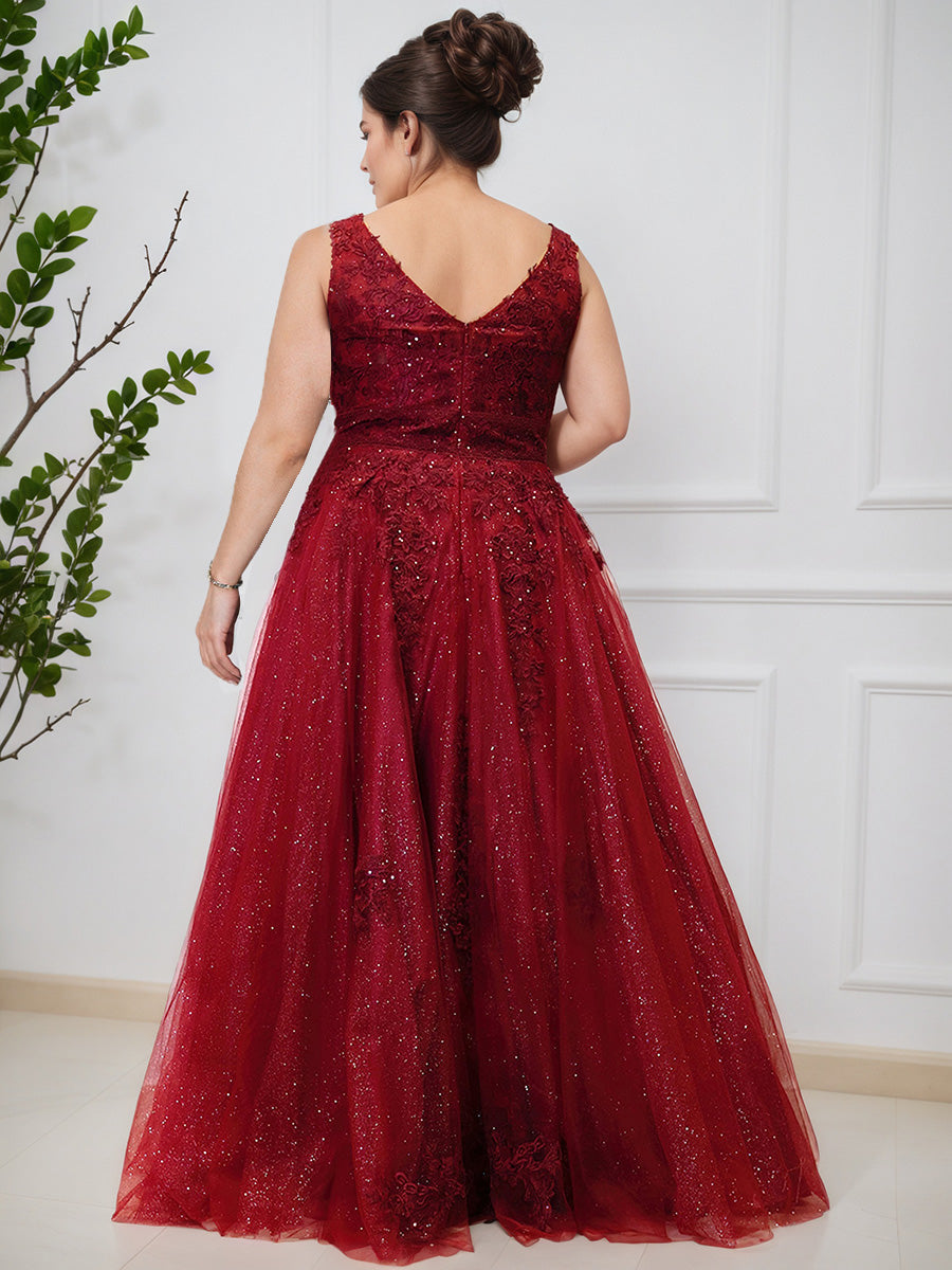 Cicinia Burgundy Glitter A-Line Sleeveless Floor Length Plus Size Prom Dress