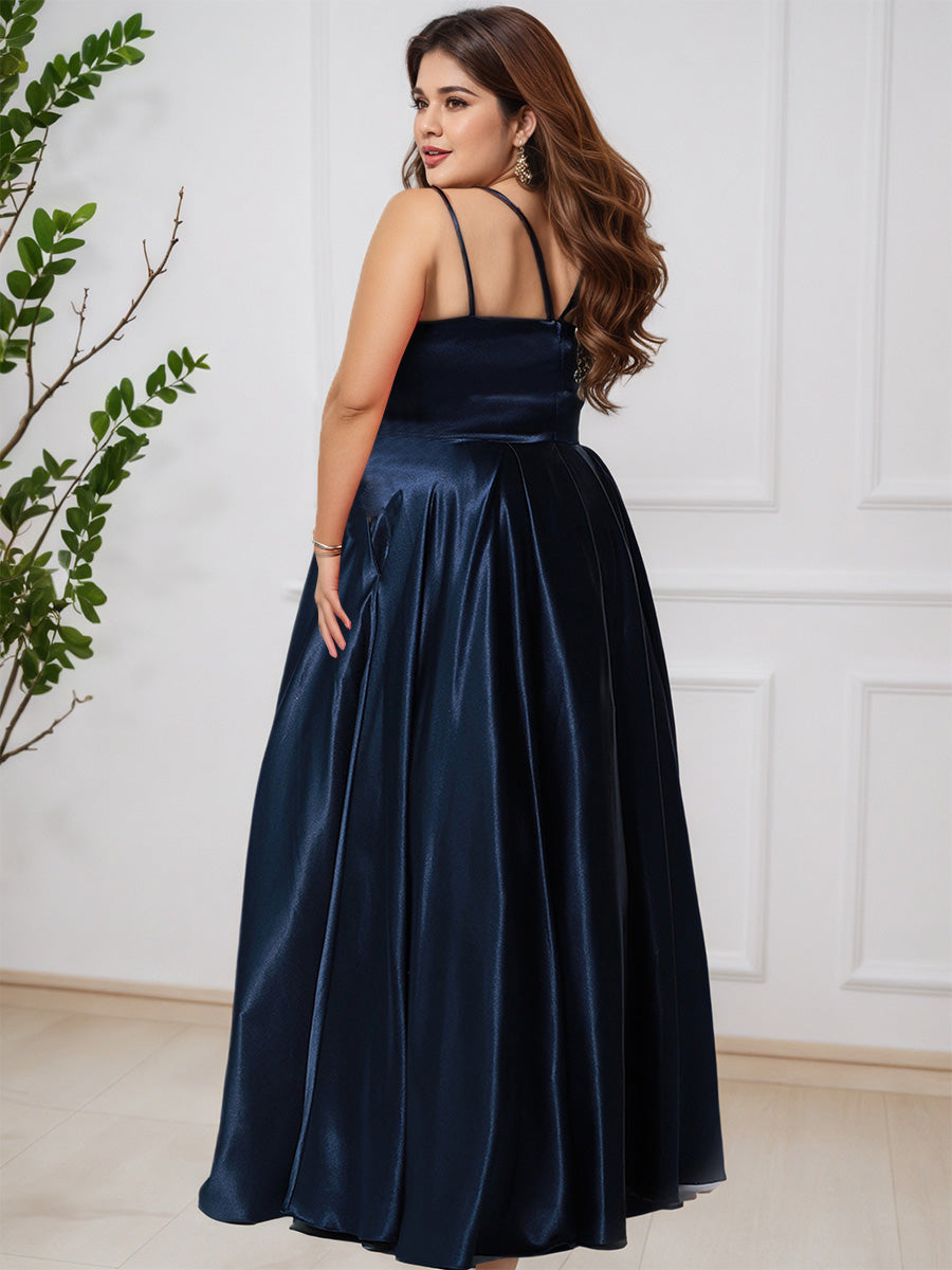 Cicinia Navy Blue Soft Satin Sleeveless Long A-Line Plus Size Prom Dress