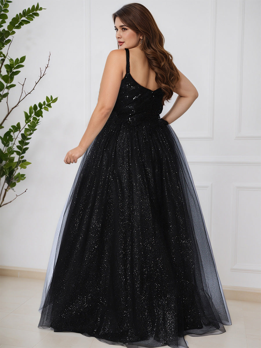 Cicinia Black Sequin Modest A-Line Long Plus Size Prom Dress Evening Gown