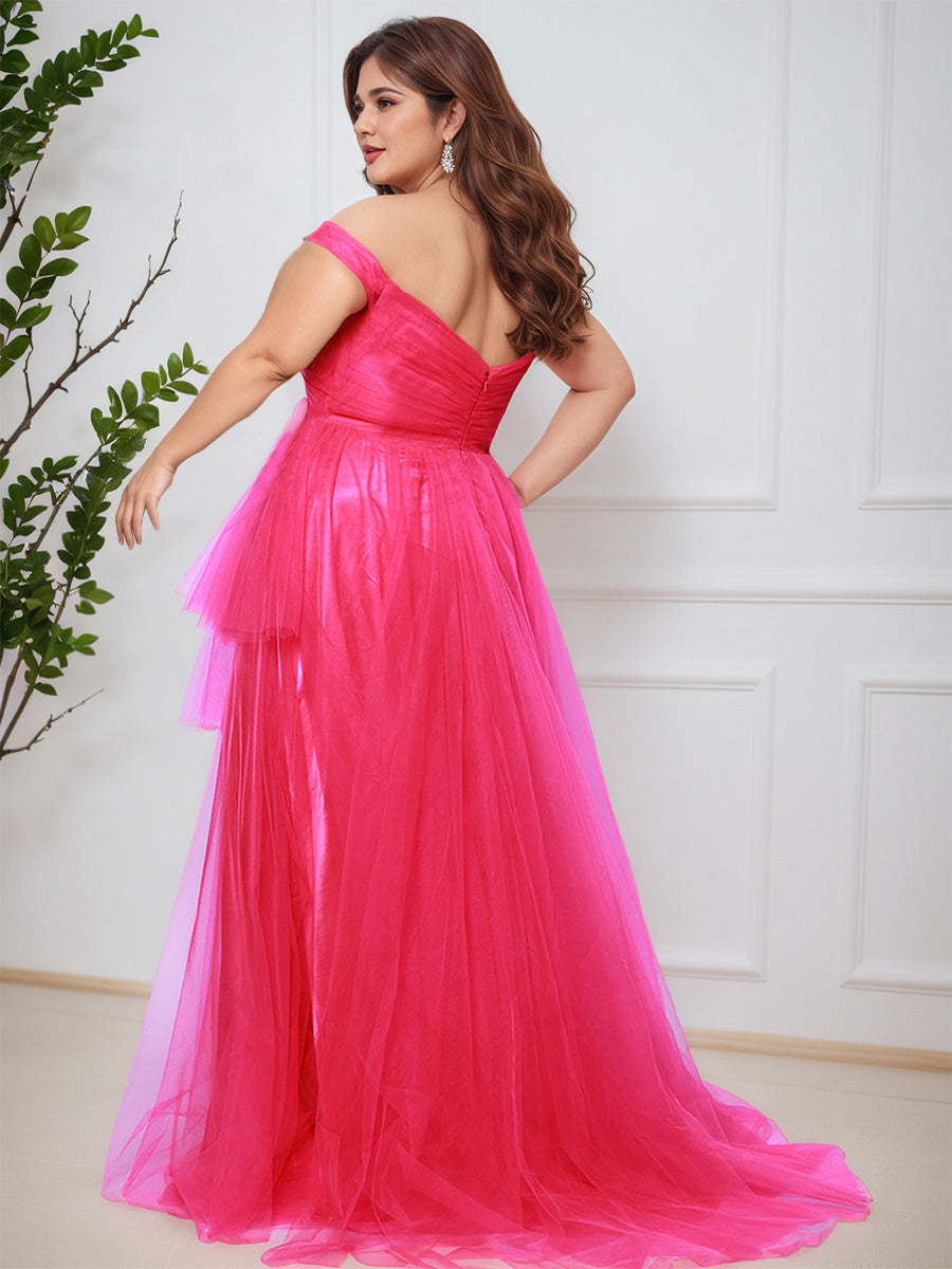 Cicinia Azalea Flowy Off The Shoulder Tulle Sweep Train Plus Size Prom Dress with Slit