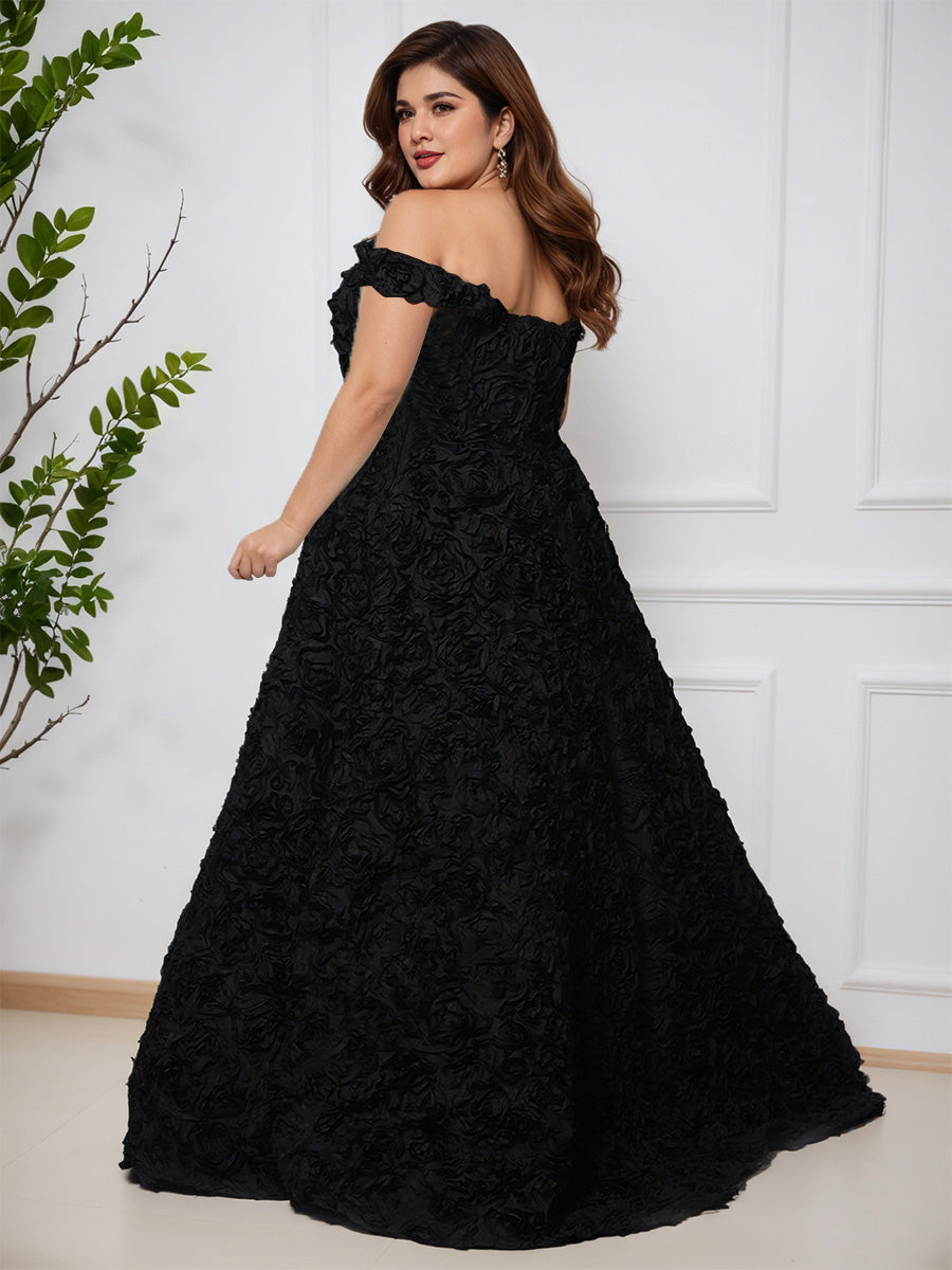 Cicinia Black A-Line Off The Shoulder 3D Light Satin Rosettes Long Plus Size Prom Dress