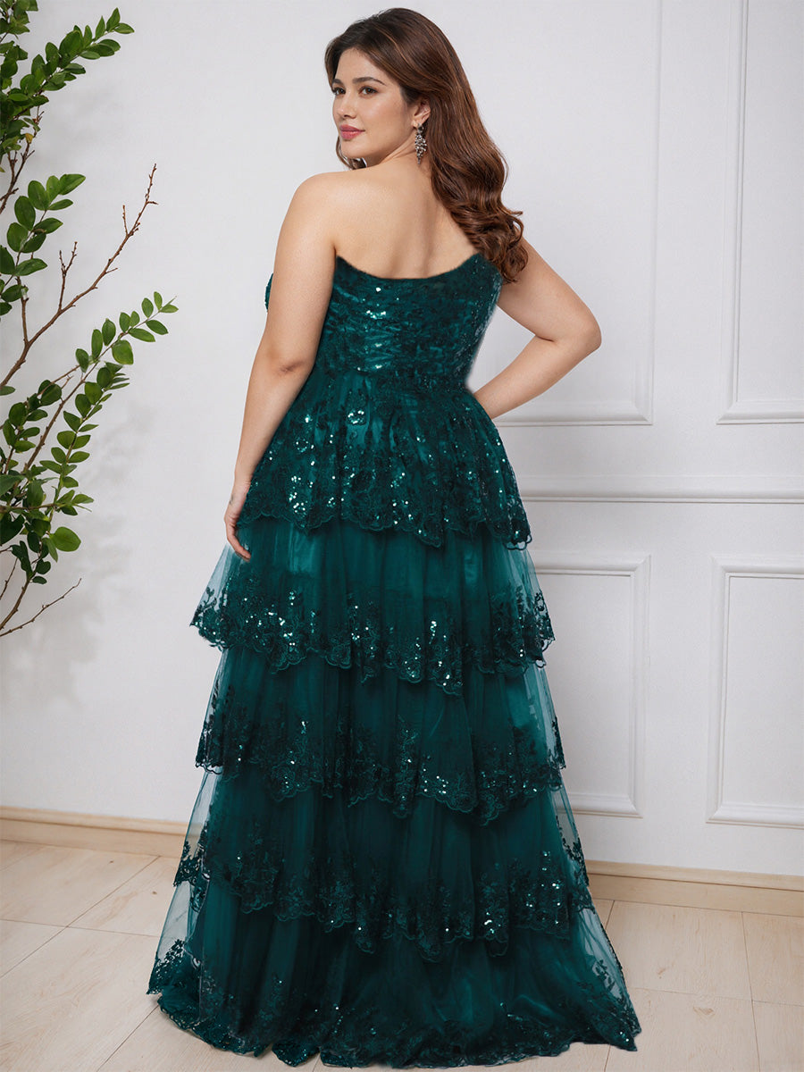 Cicinia Dark Green One Shoulder Layered Sequin Lace Floor Length Plus Size Prom Dress