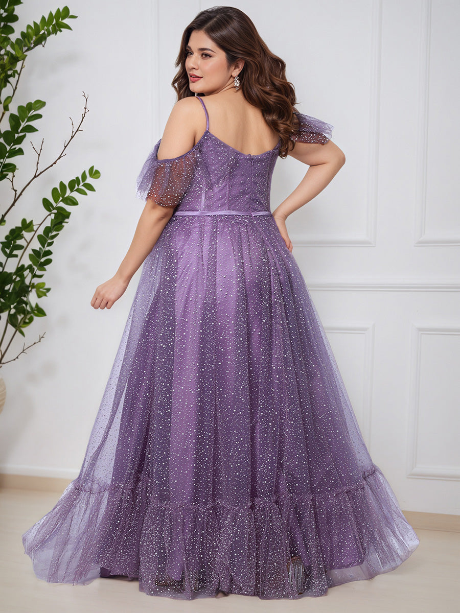 Cicinia Tahiti Tulle Spaghetti Straps Floor Length Plus Size Prom Dress