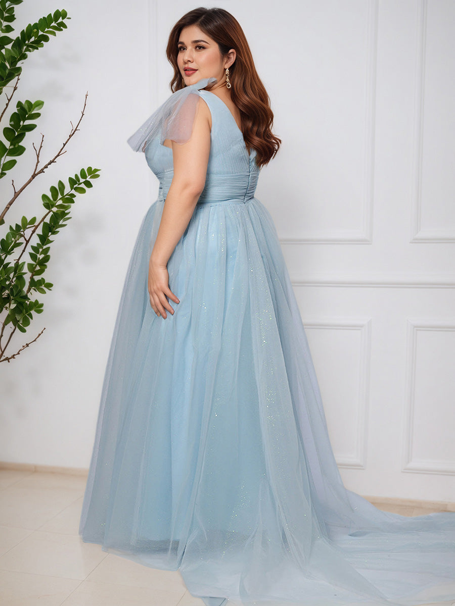 Cicinia Sky Blue Tulle V-Neck Plus Size Prom Dress with Sweep Train