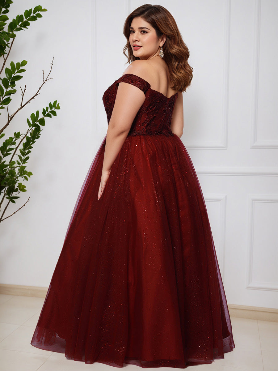Cicinia Burgundy A-Line Off The Shoulder Back Zip Long Plus Size Prom Dress