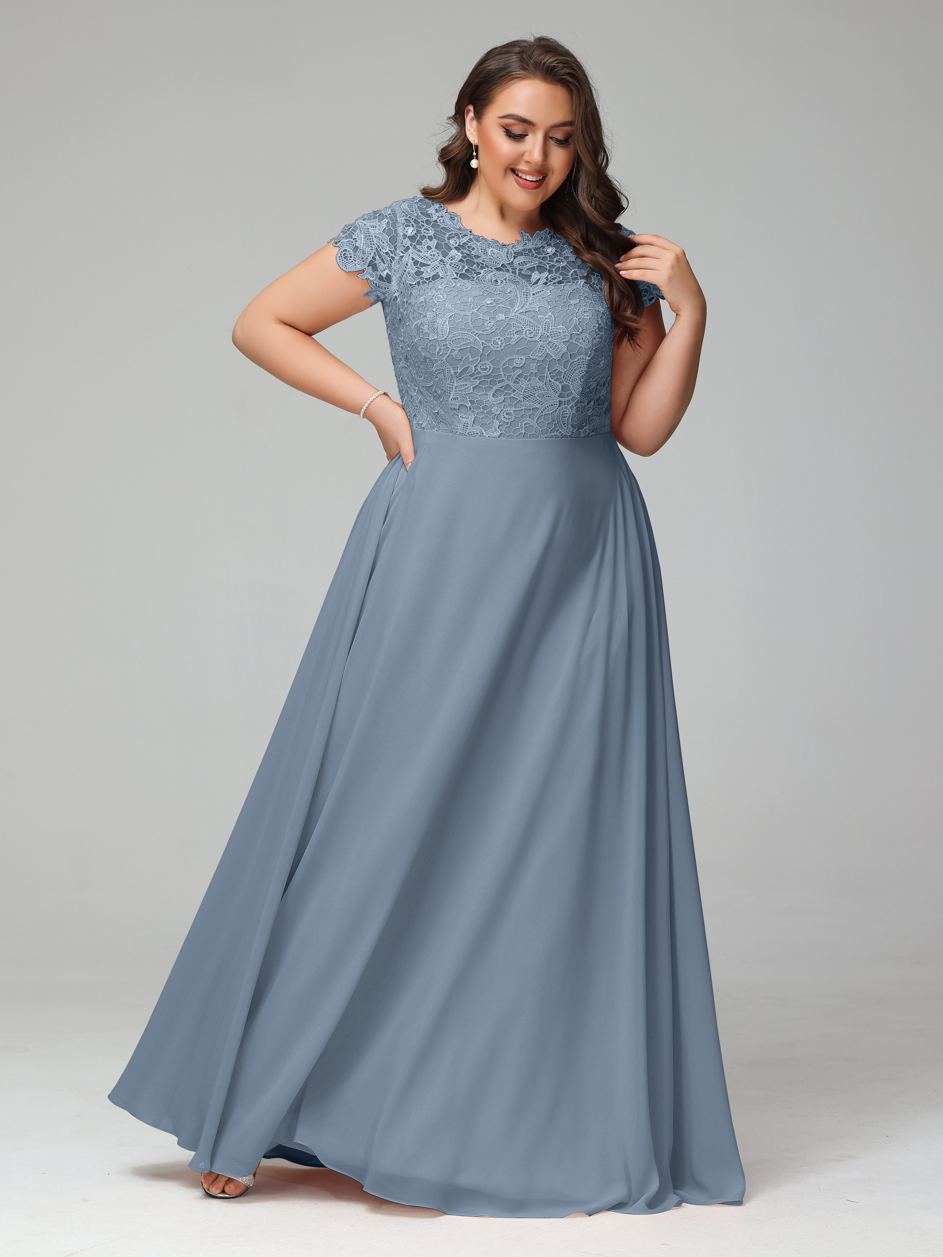 Scoop Blue online Lace Chiffon Short Bridesmaid Dress with Back Buttons