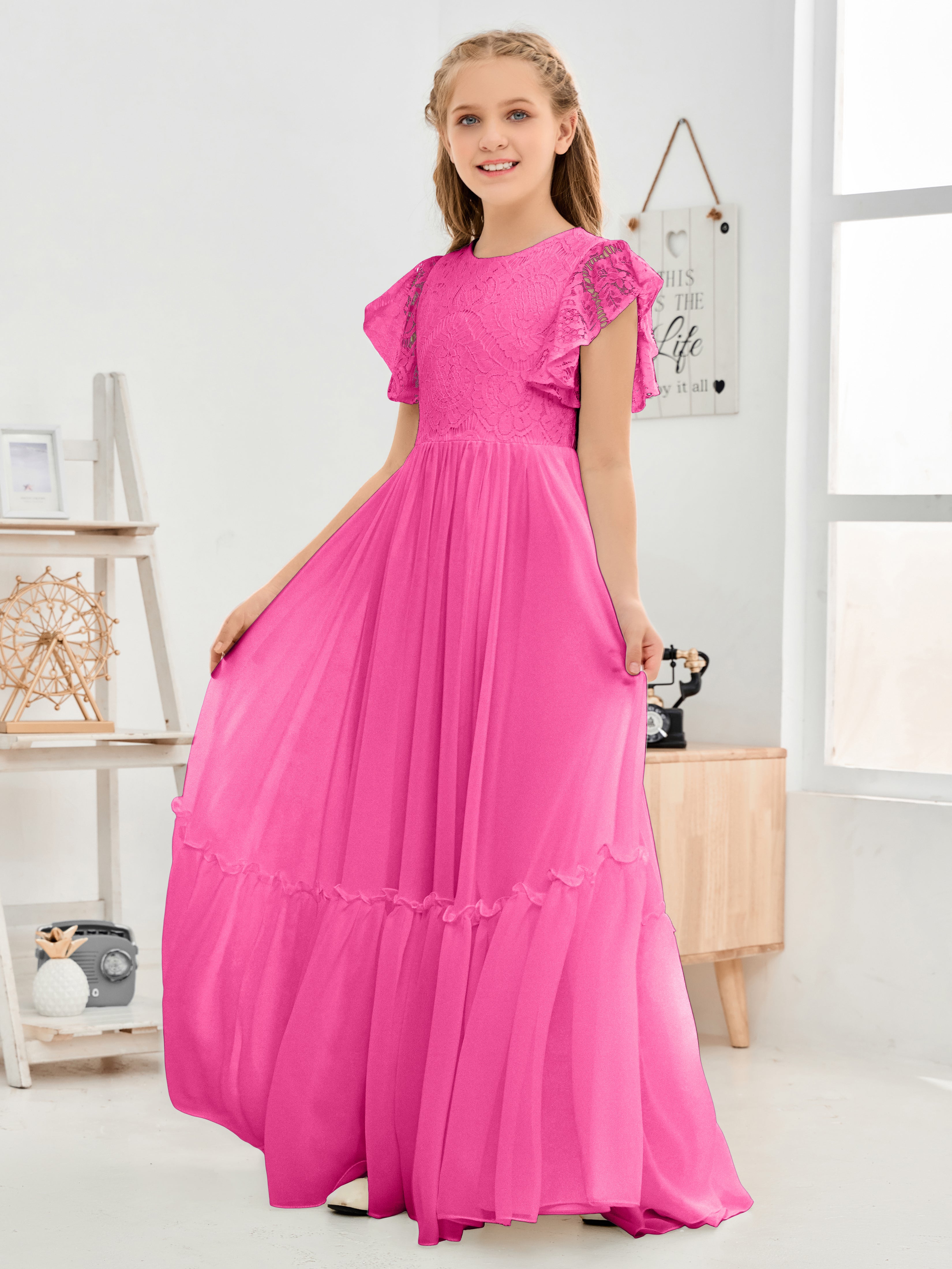 Short Sleeves Floor Length Chiffon Junior Bridesmaid Dress