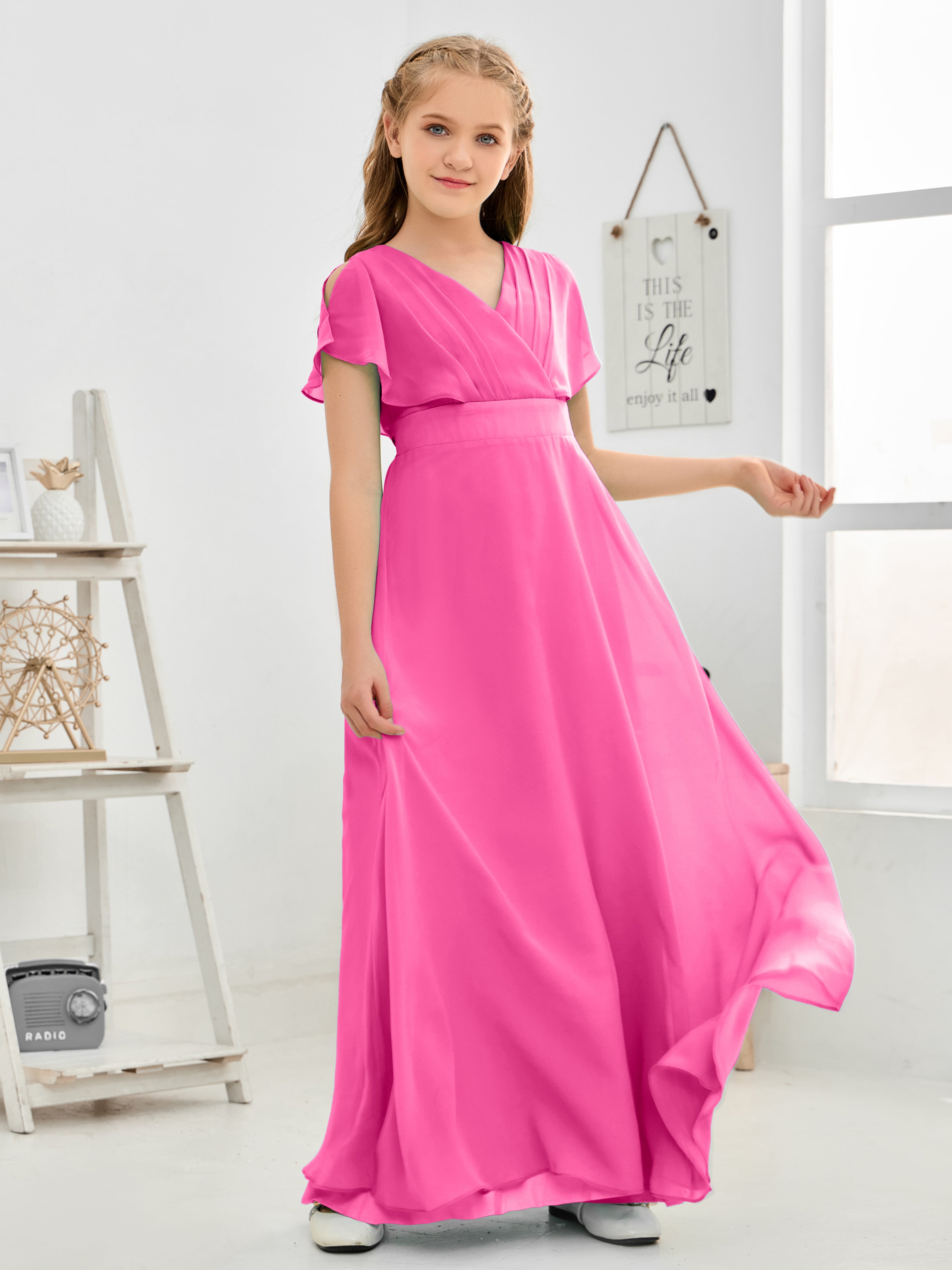 Short Sleeves Floor-Length Chiffon Junior Bridesmaid Dress