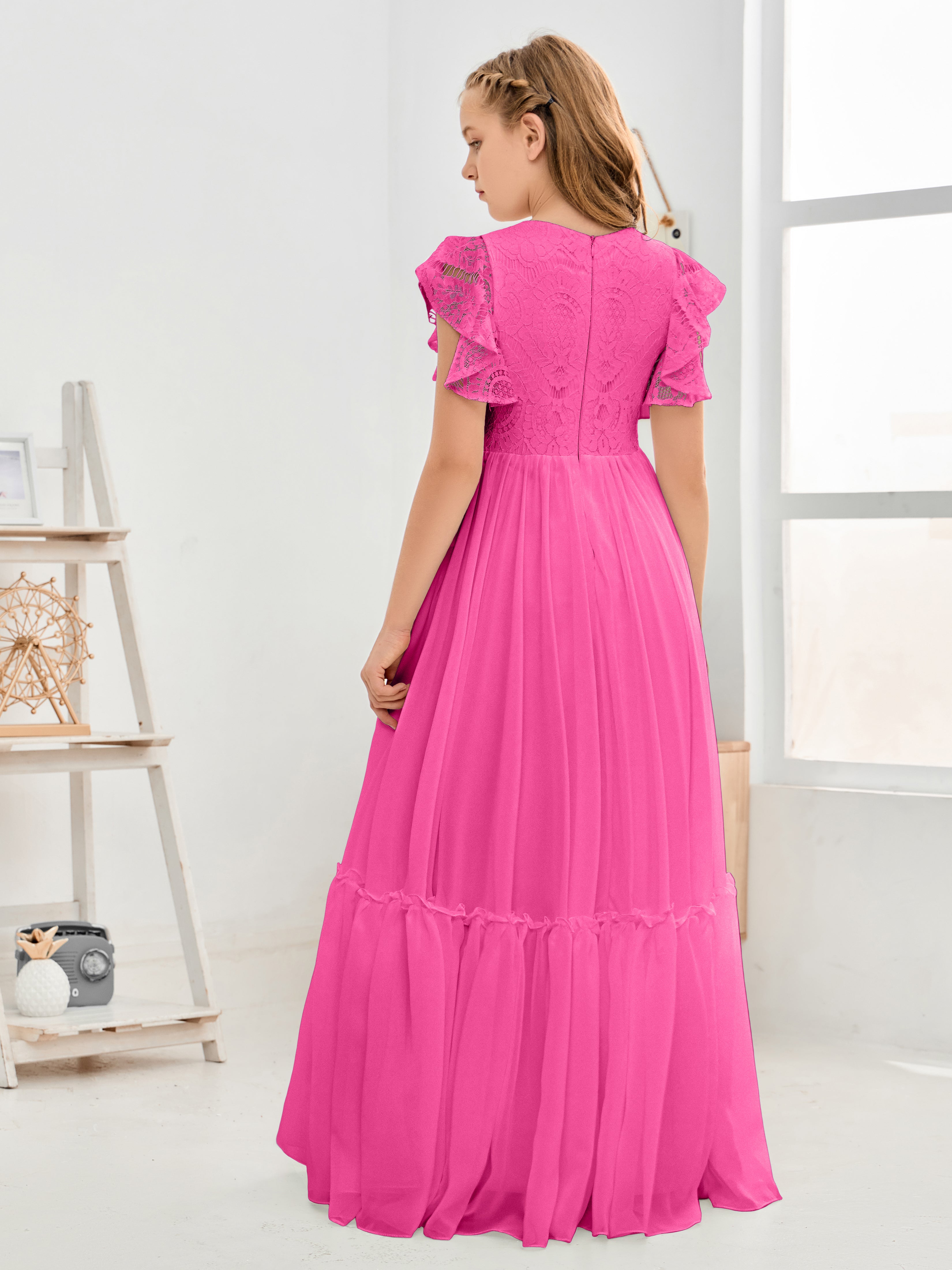 Short Sleeves Floor Length Chiffon Junior Bridesmaid Dress