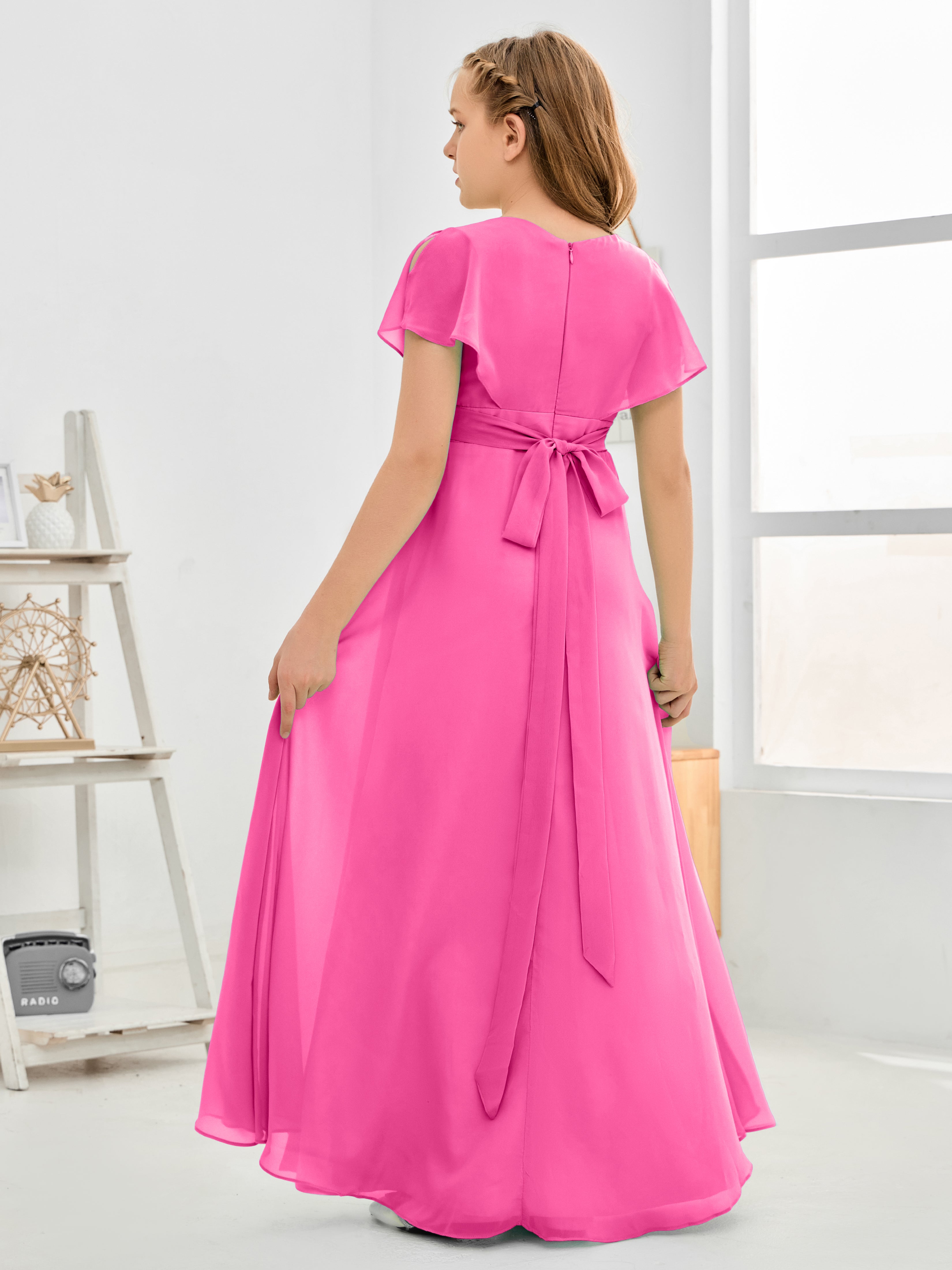 Short Sleeves Floor-Length Chiffon Junior Bridesmaid Dress