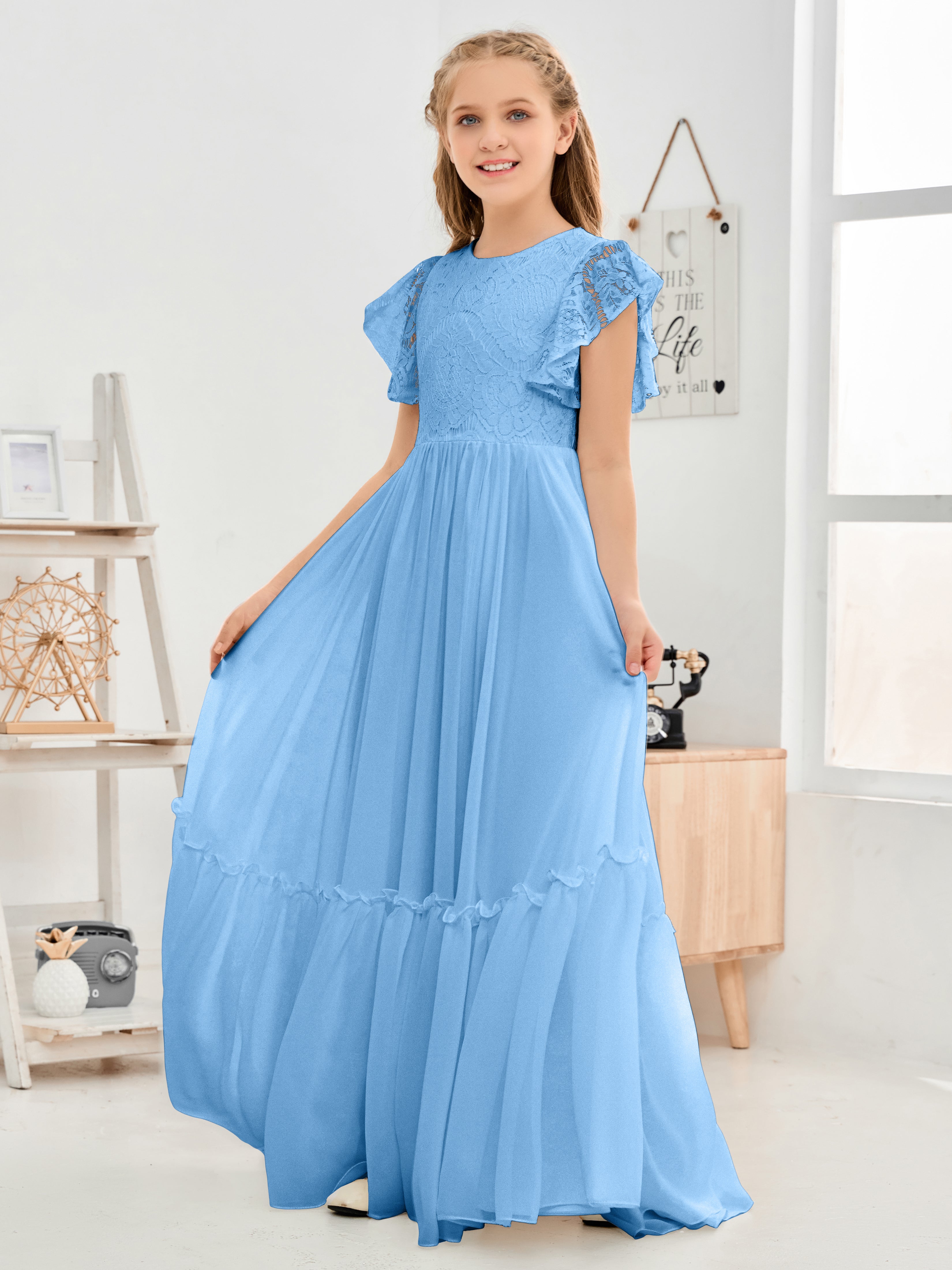 Short Sleeves Floor Length Chiffon Junior Bridesmaid Dress