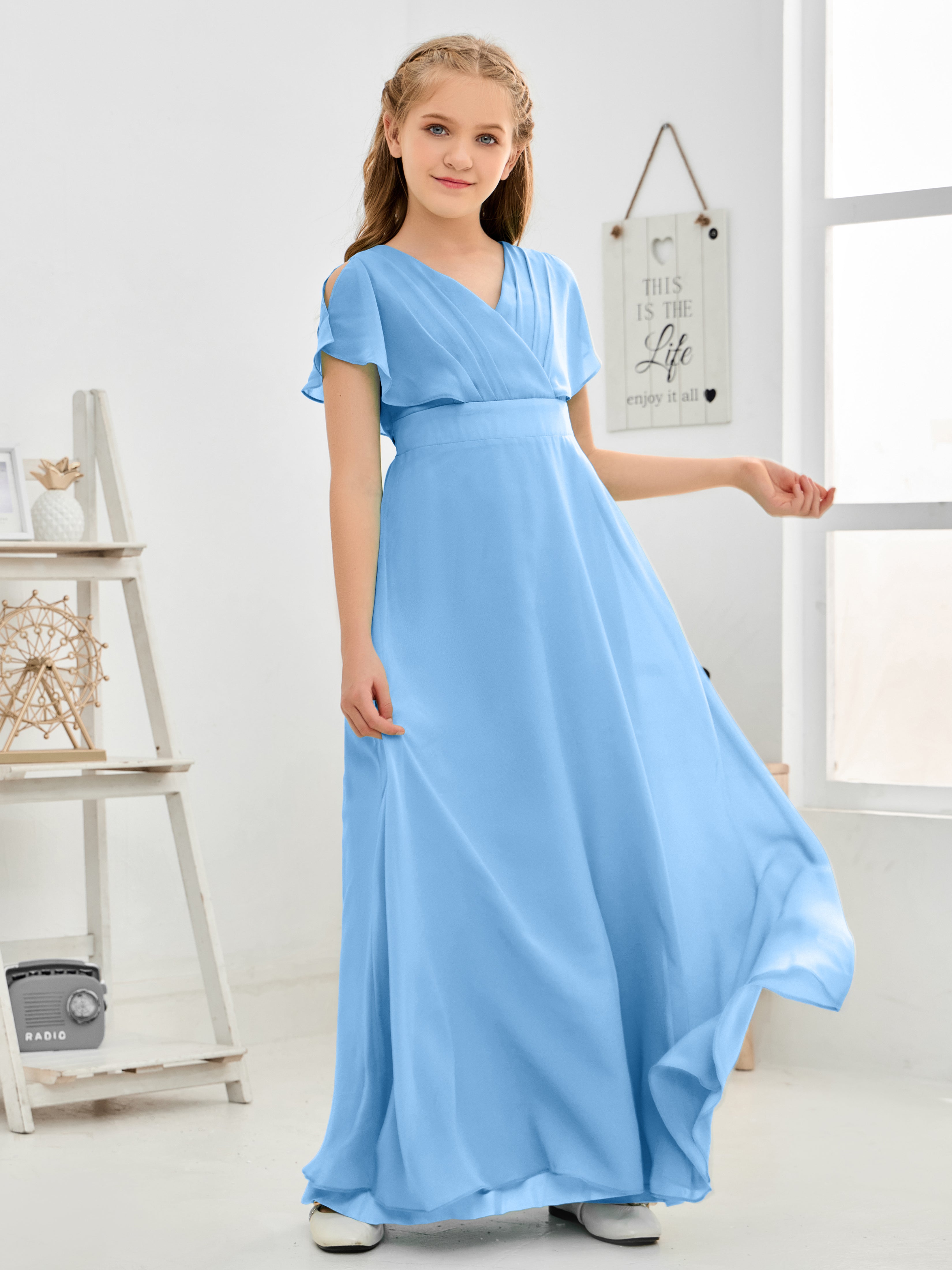 Short Sleeves Floor-Length Chiffon Junior Bridesmaid Dress