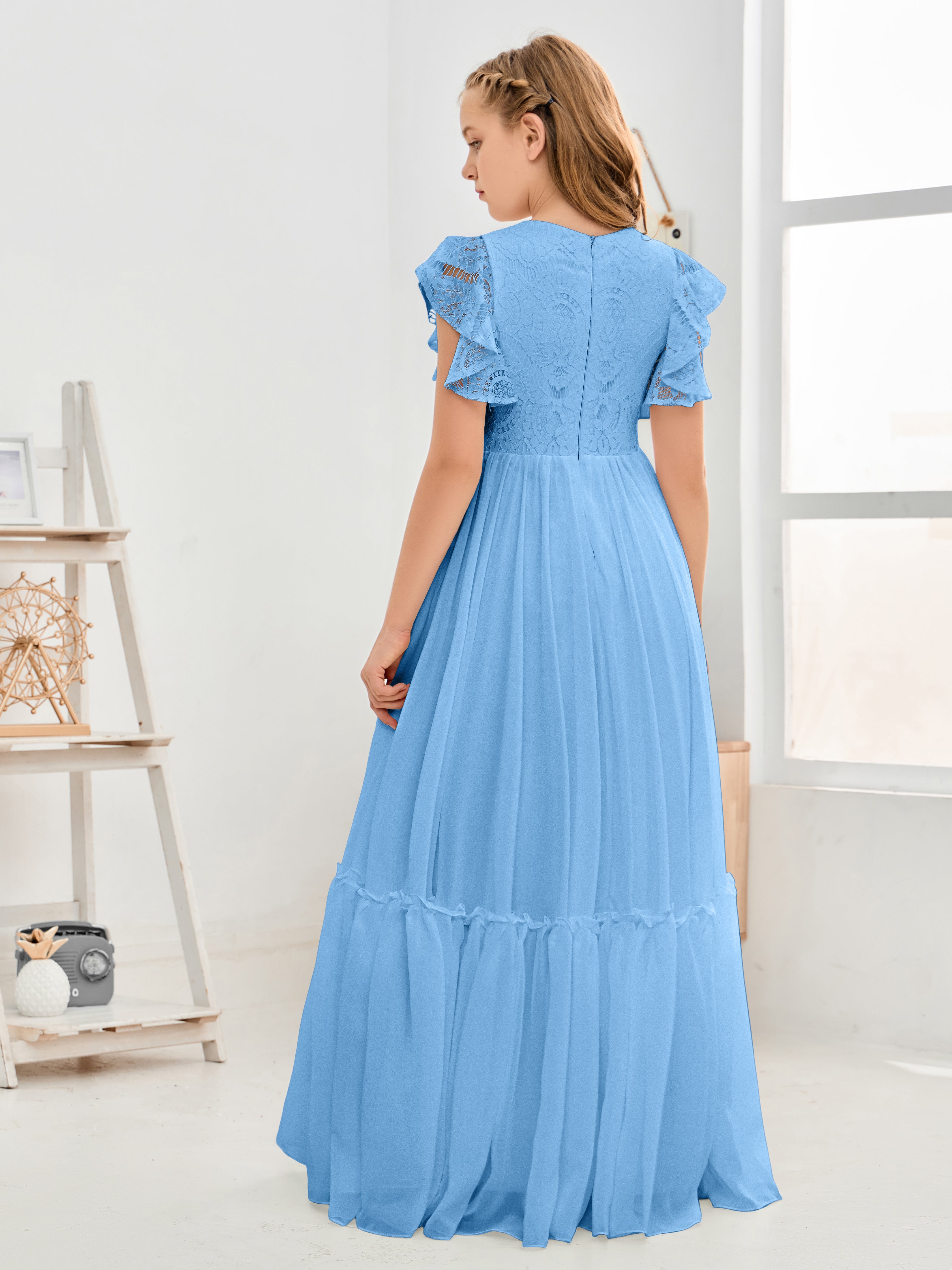 Short Sleeves Floor Length Chiffon Junior Bridesmaid Dress