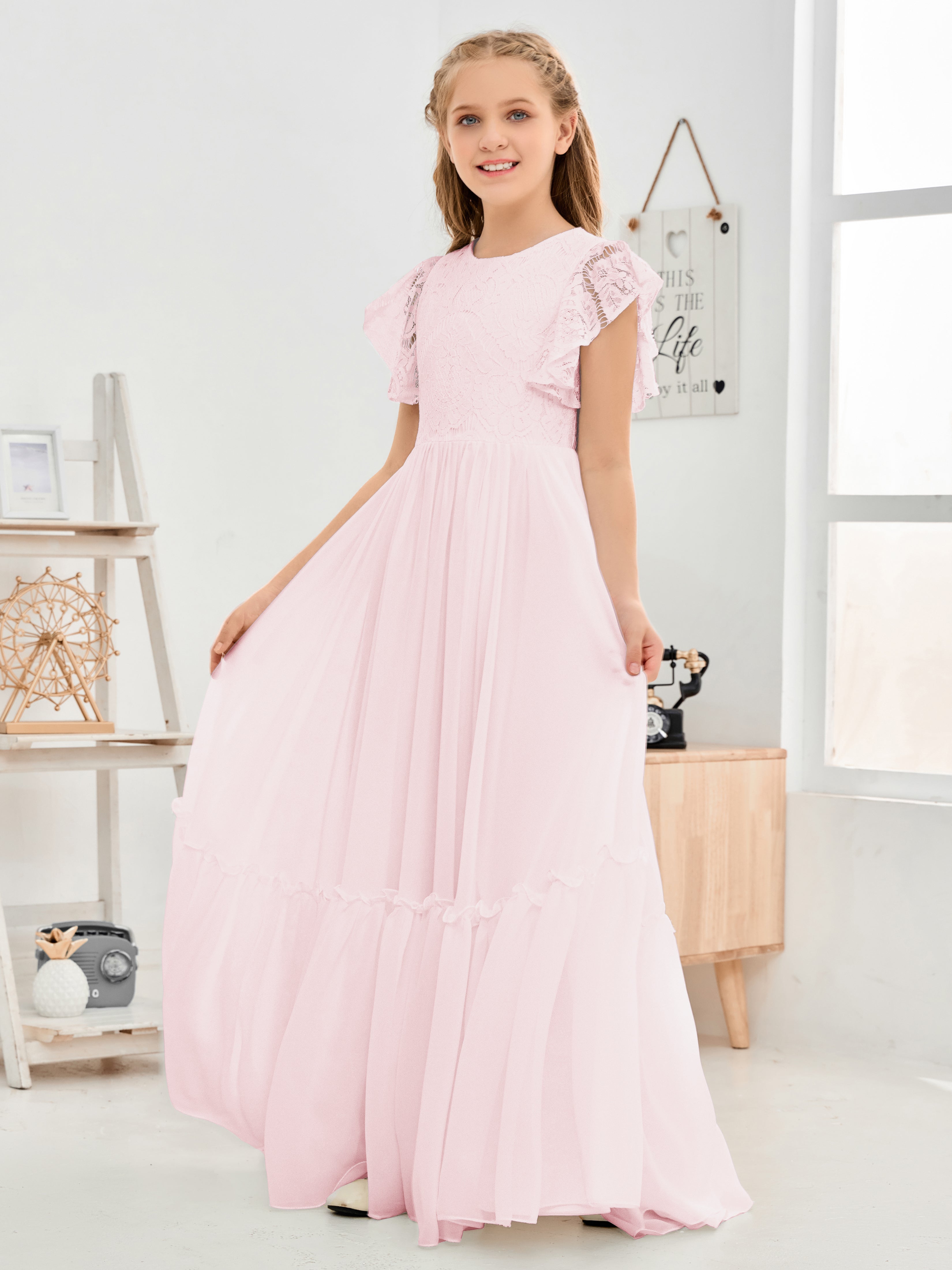 Short Sleeves Floor Length Chiffon Junior Bridesmaid Dress