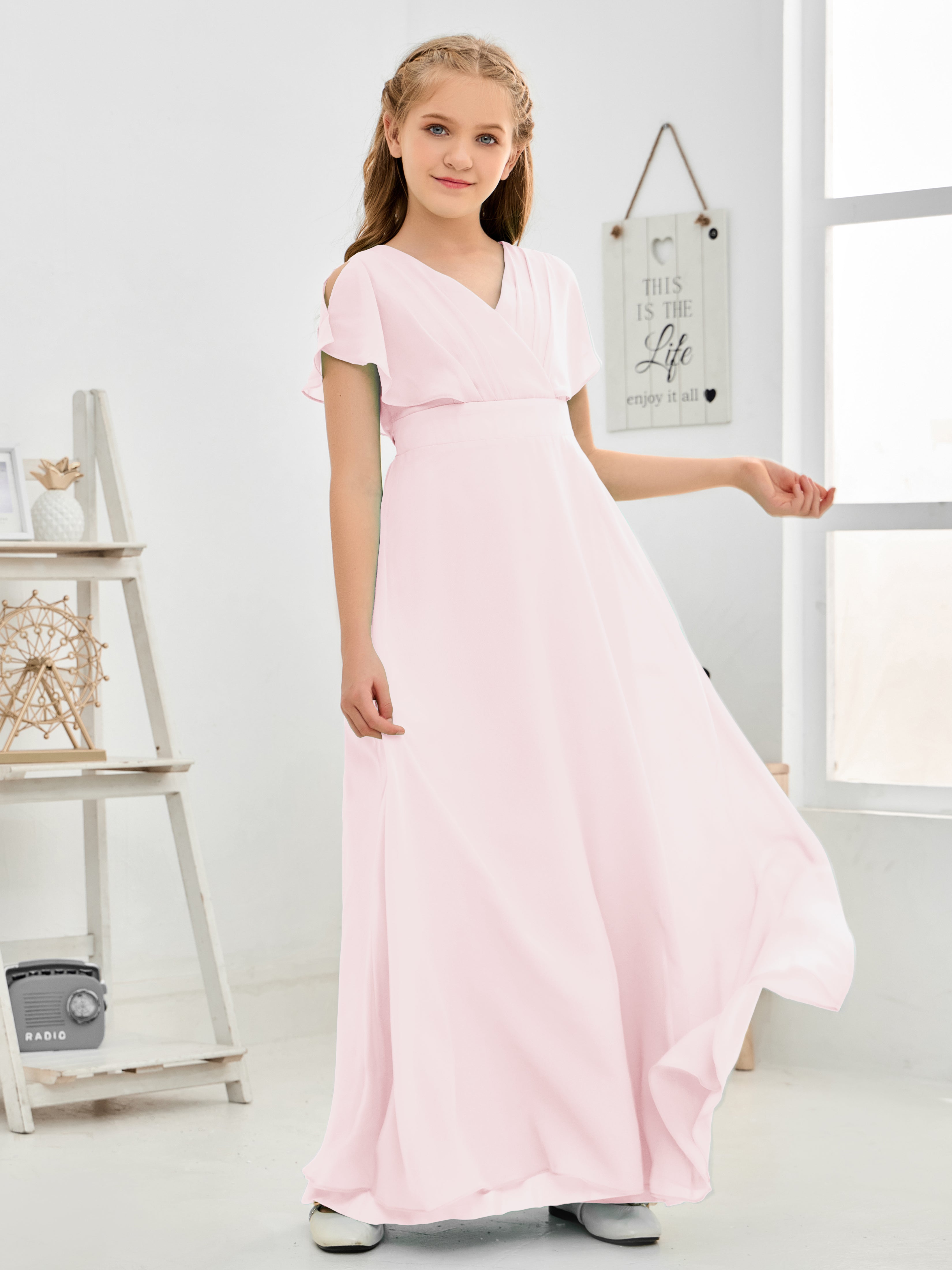 Short Sleeves Floor-Length Chiffon Junior Bridesmaid Dress