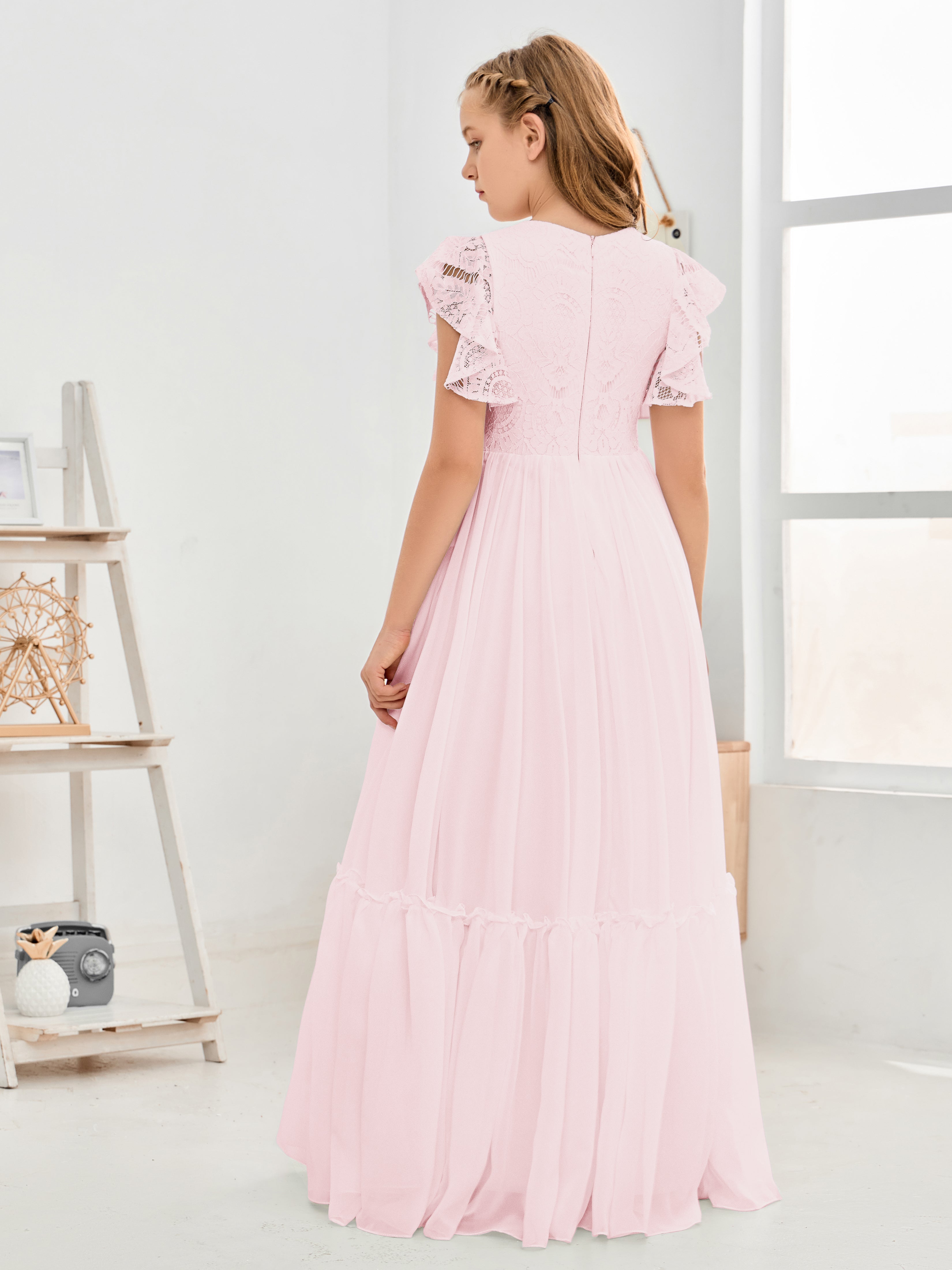 Short Sleeves Floor Length Chiffon Junior Bridesmaid Dress