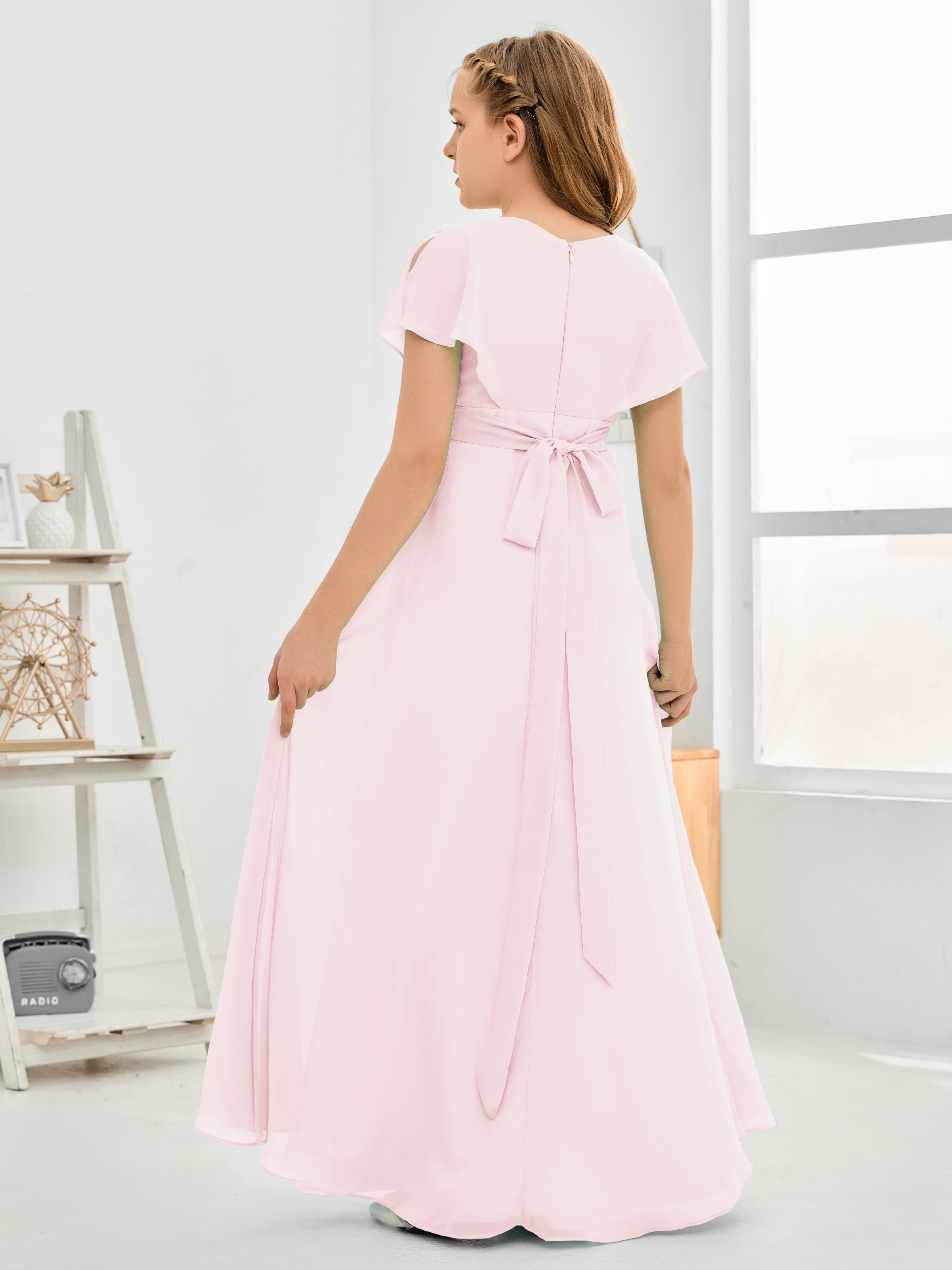 Short Sleeves Floor-Length Chiffon Junior Bridesmaid Dress