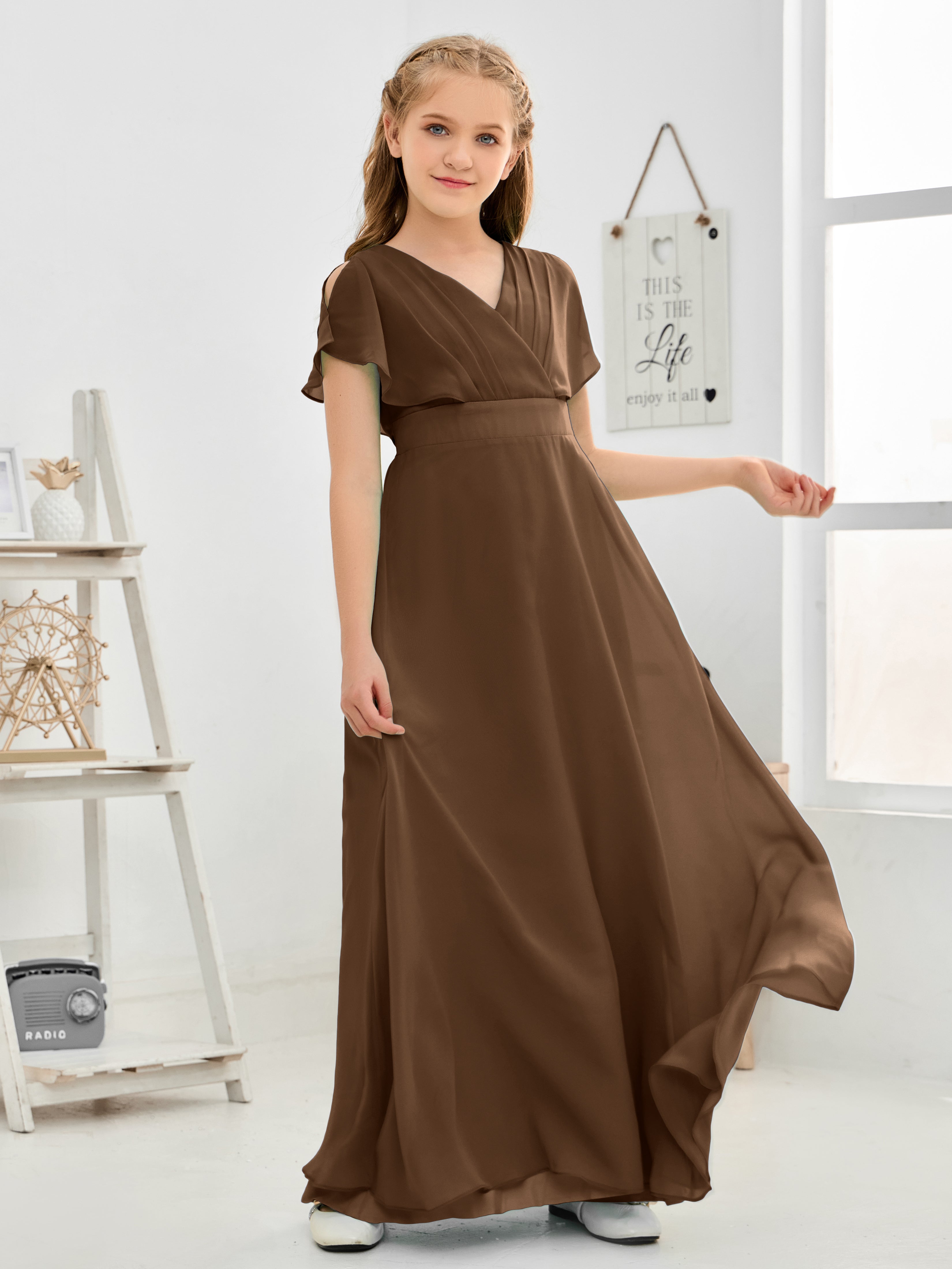 Short Sleeves Floor-Length Chiffon Junior Bridesmaid Dress