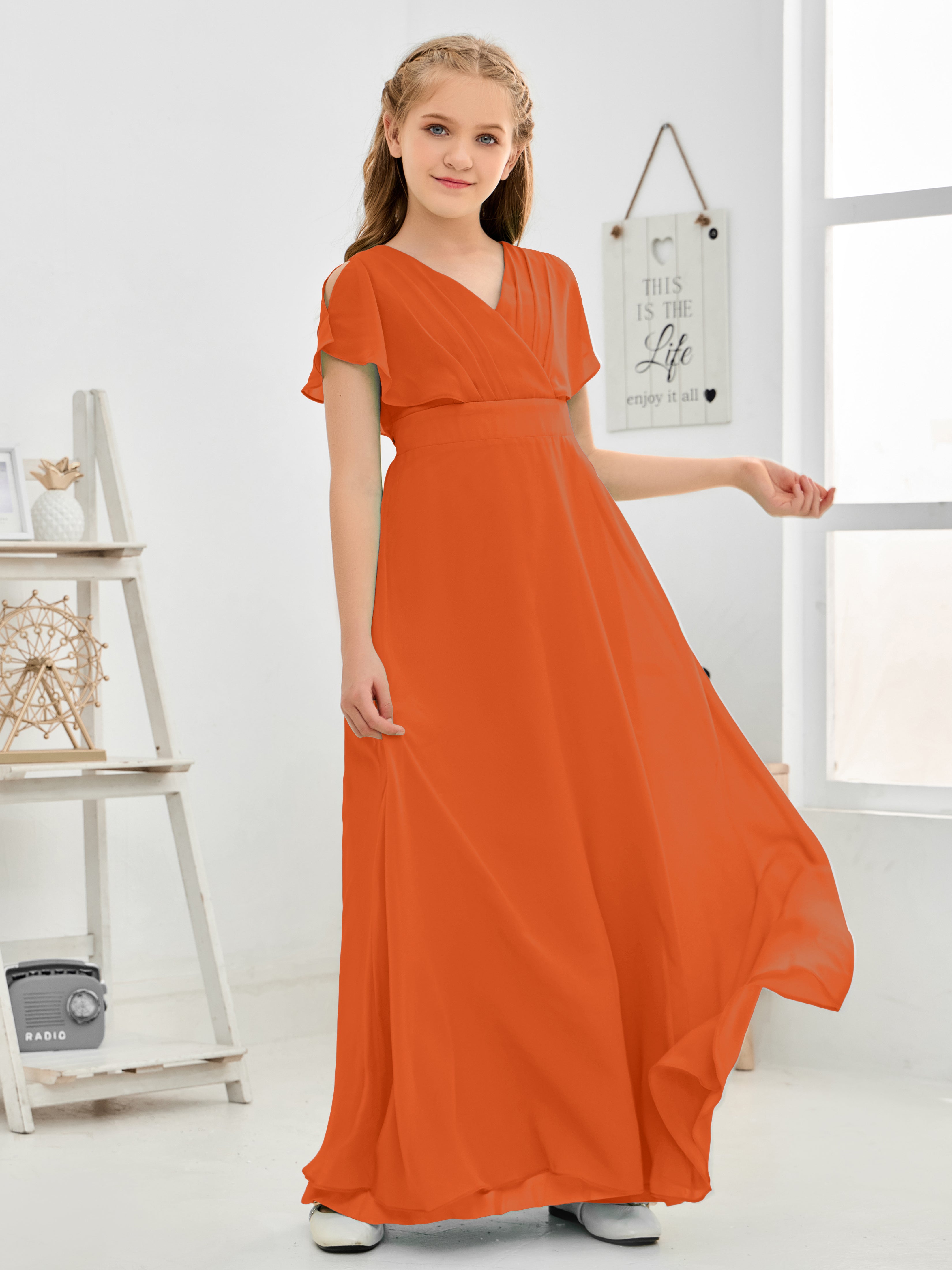 Short Sleeves Floor-Length Chiffon Junior Bridesmaid Dress