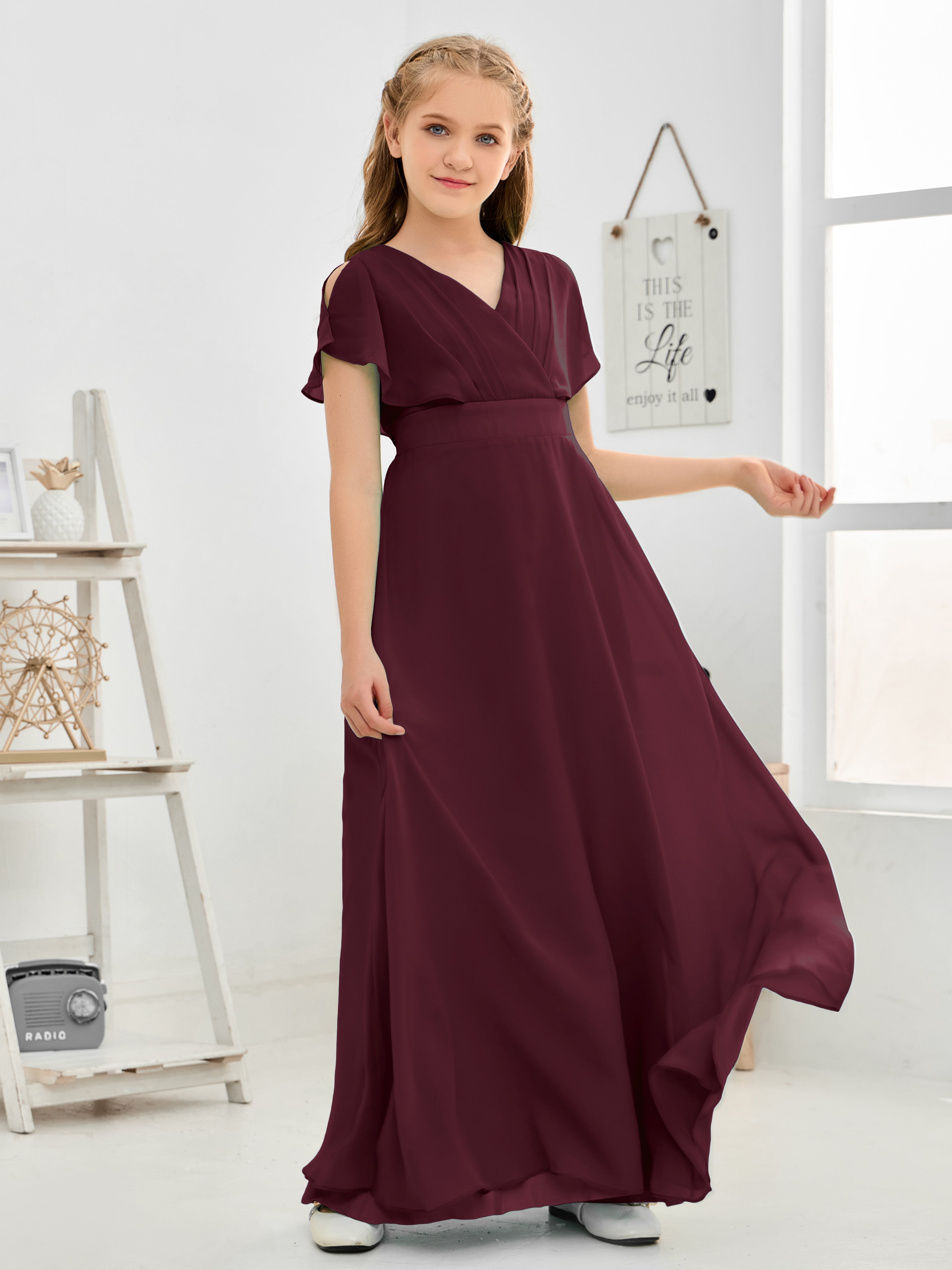 Short Sleeves Floor-Length Chiffon Junior Bridesmaid Dress