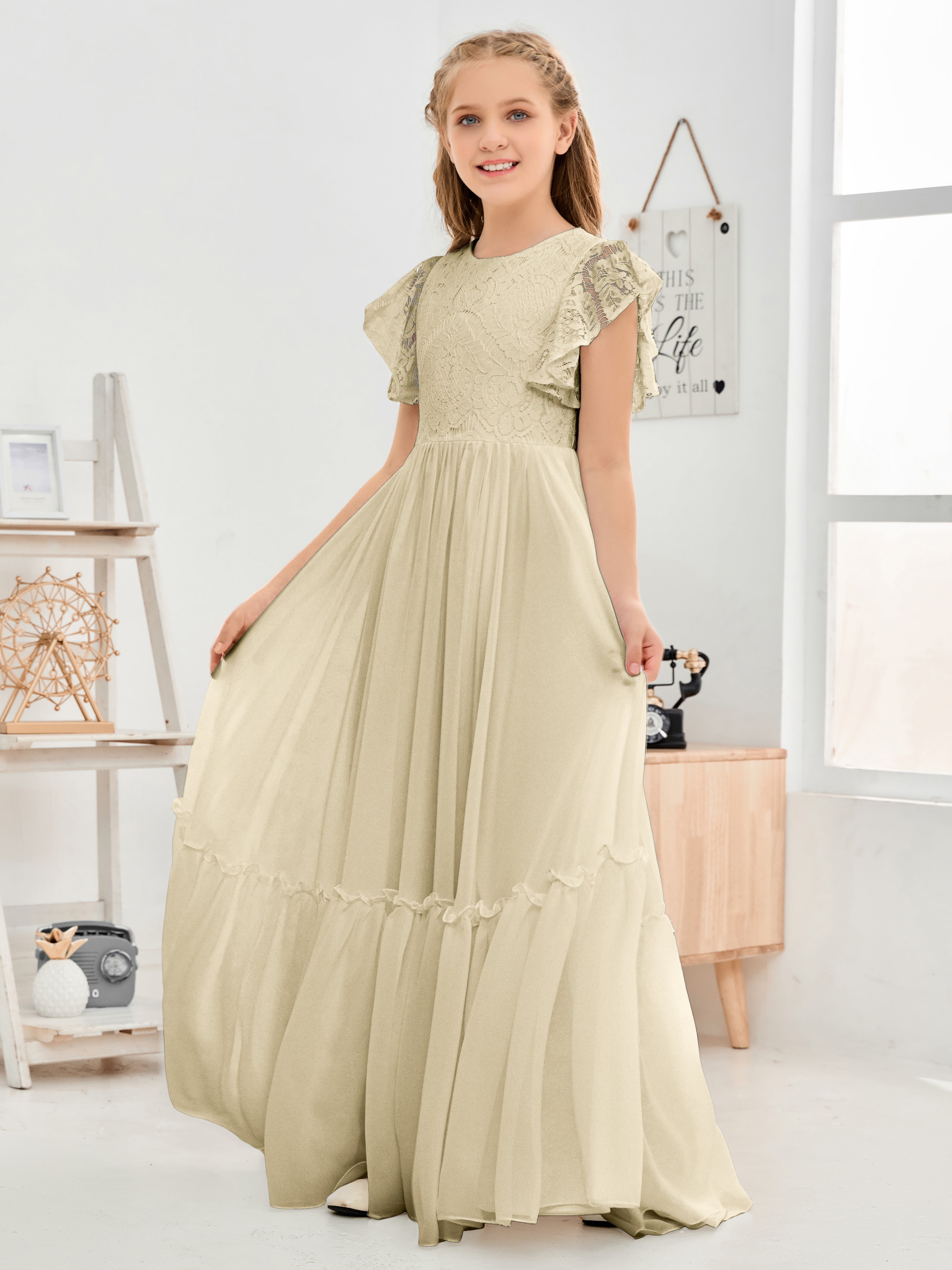 Short Sleeves Floor Length Chiffon Junior Bridesmaid Dress