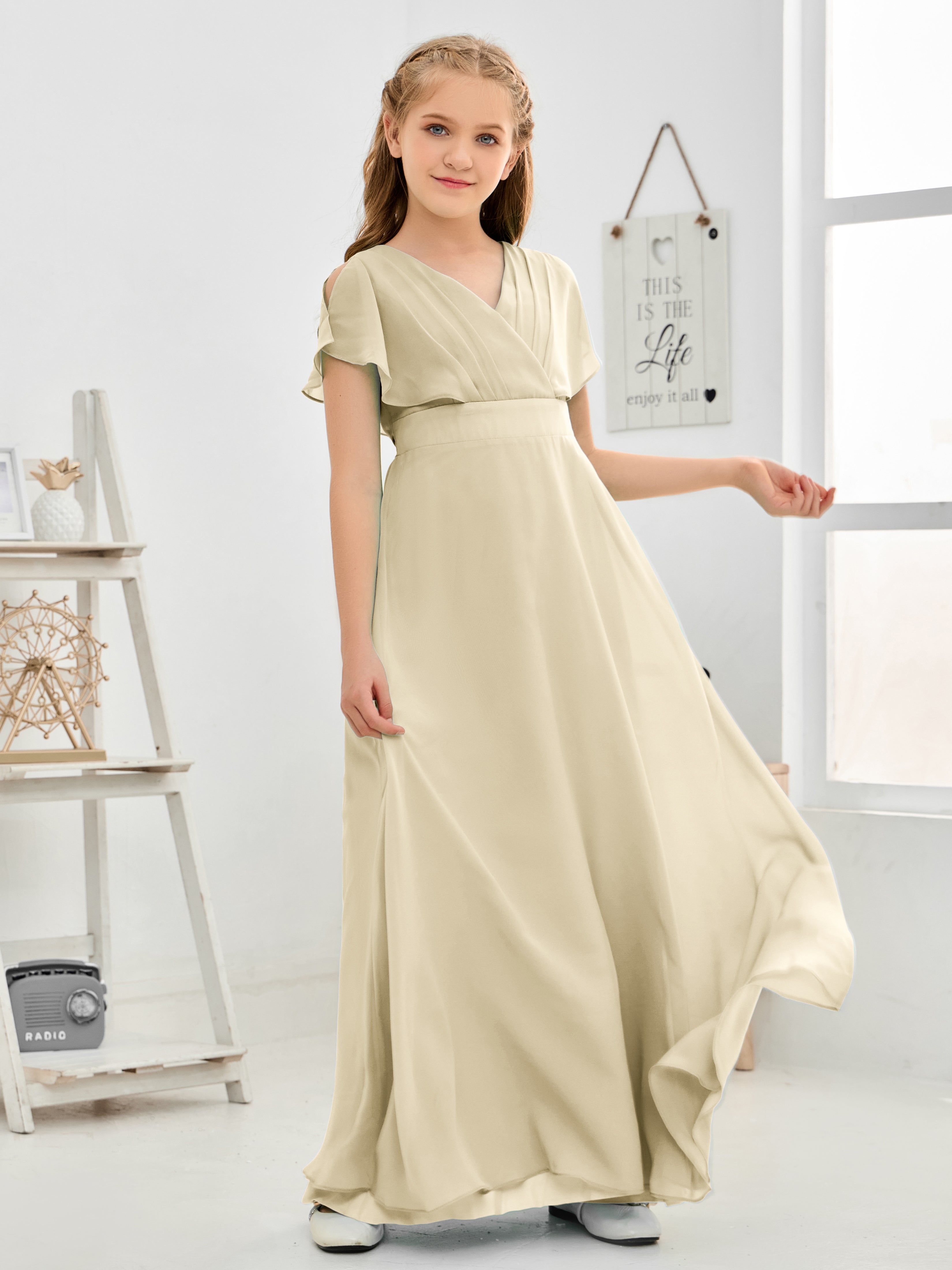 Short Sleeves Floor-Length Chiffon Junior Bridesmaid Dress