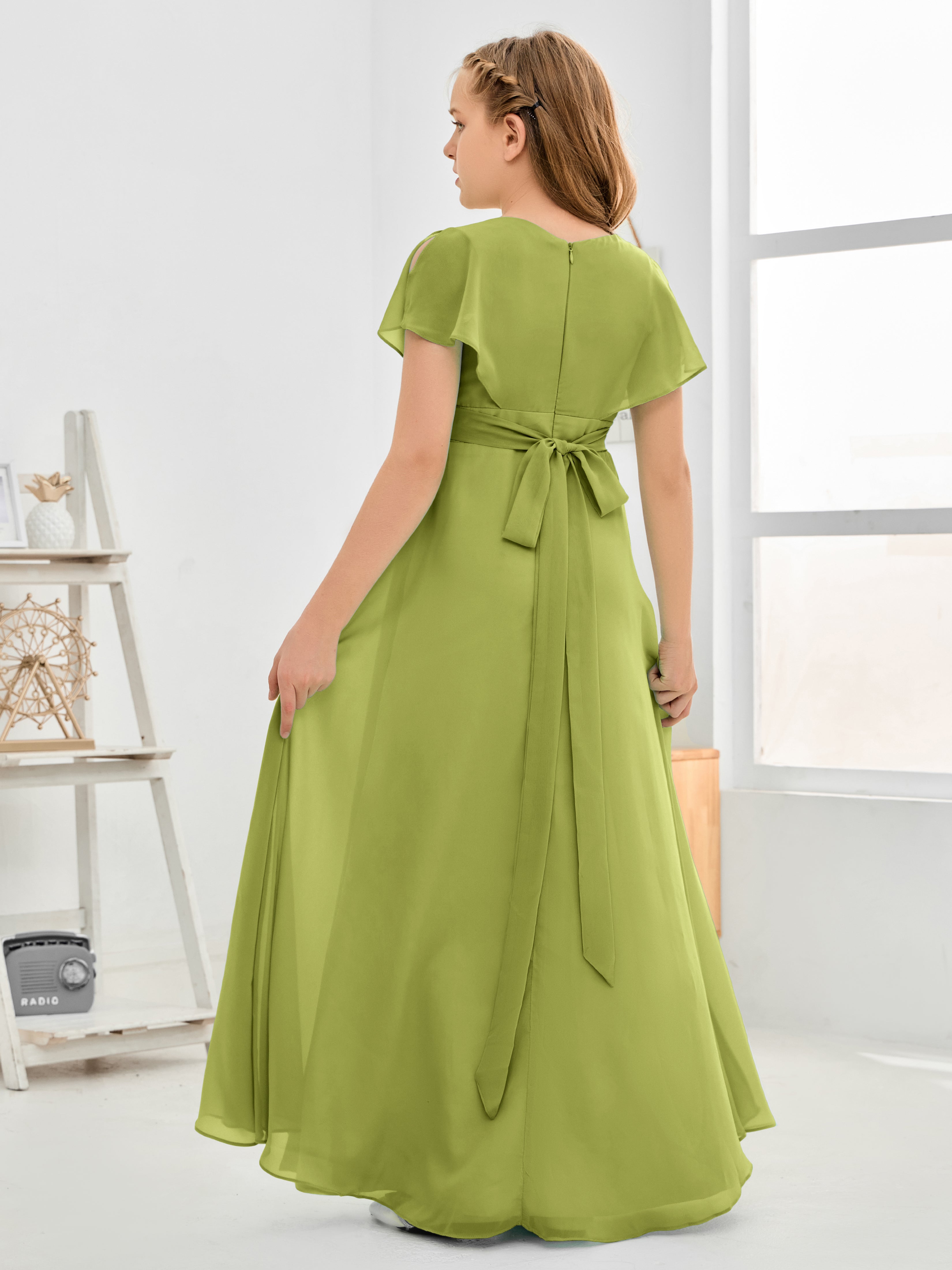 Short Sleeves Floor-Length Chiffon Junior Bridesmaid Dress