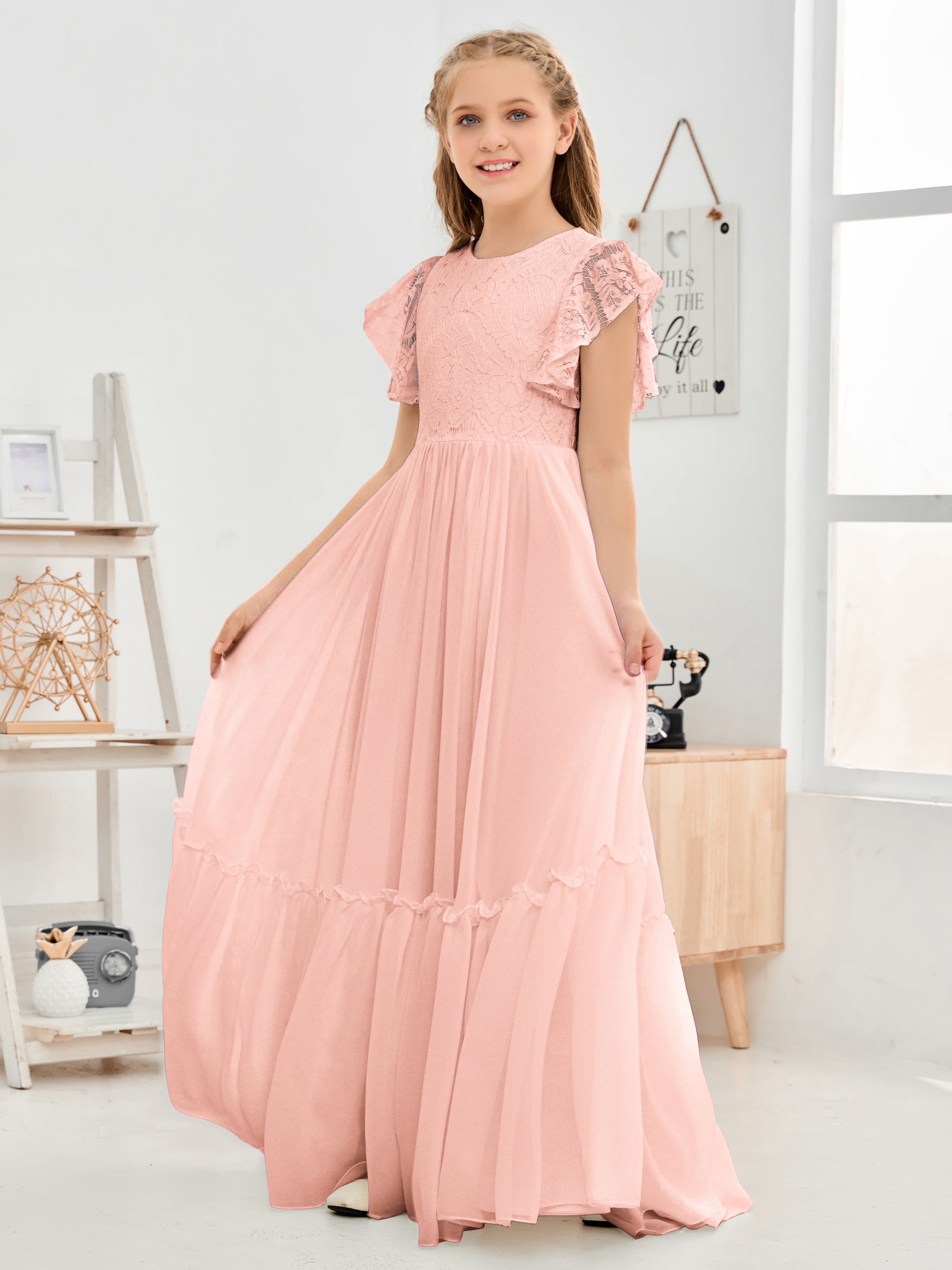 Short Sleeves Floor Length Chiffon Junior Bridesmaid Dress