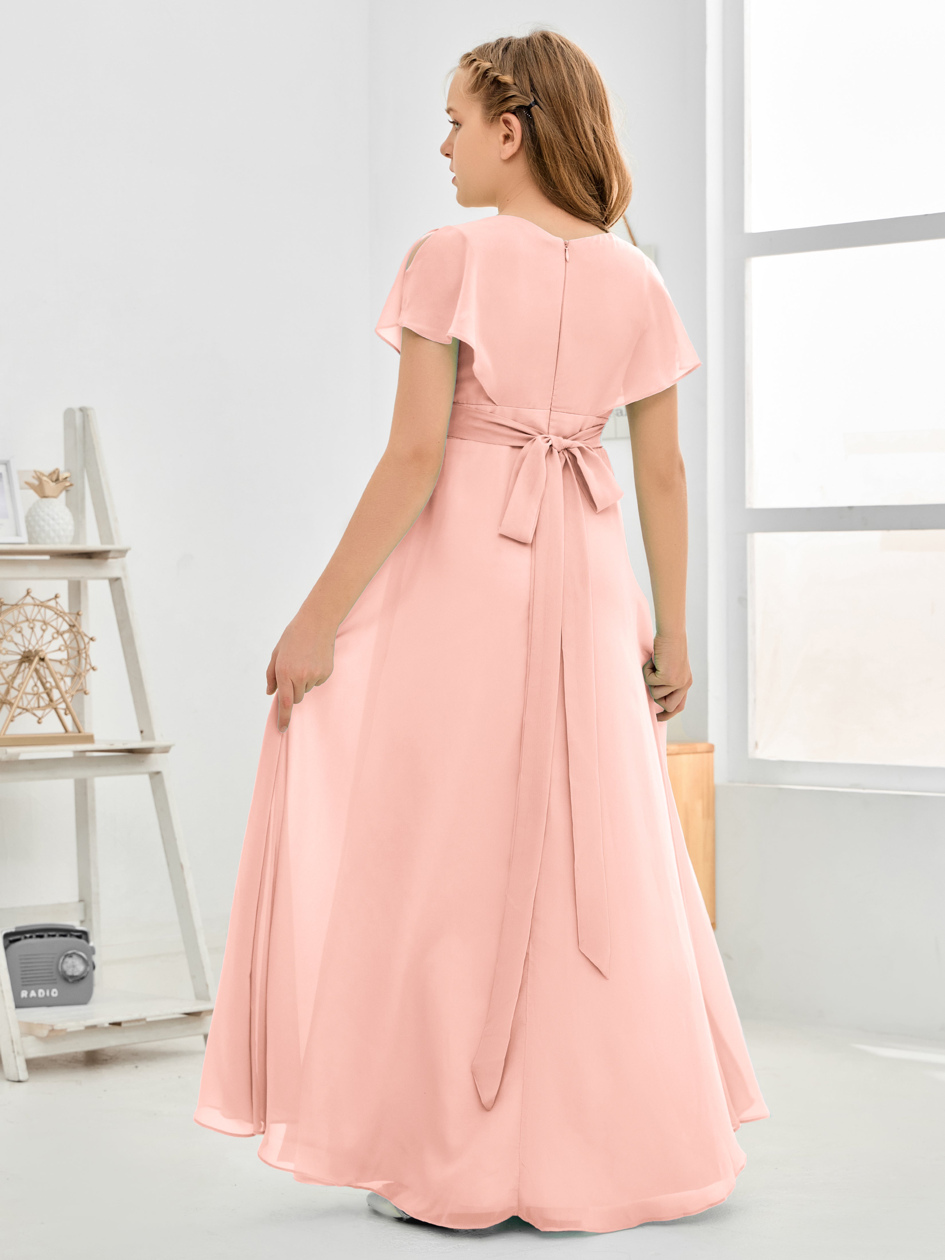 Short Sleeves Floor-Length Chiffon Junior Bridesmaid Dress