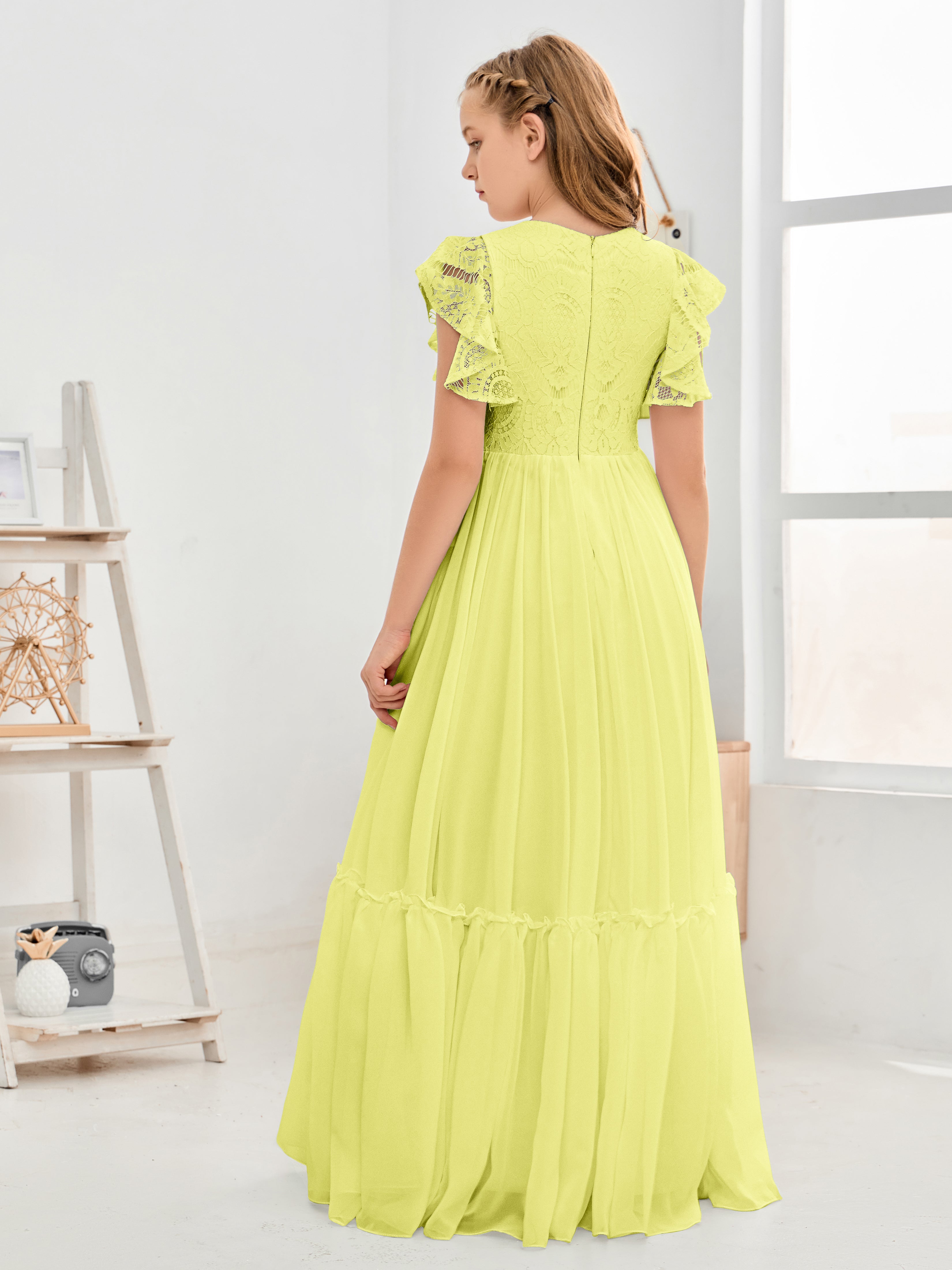 Short Sleeves Floor Length Chiffon Junior Bridesmaid Dress