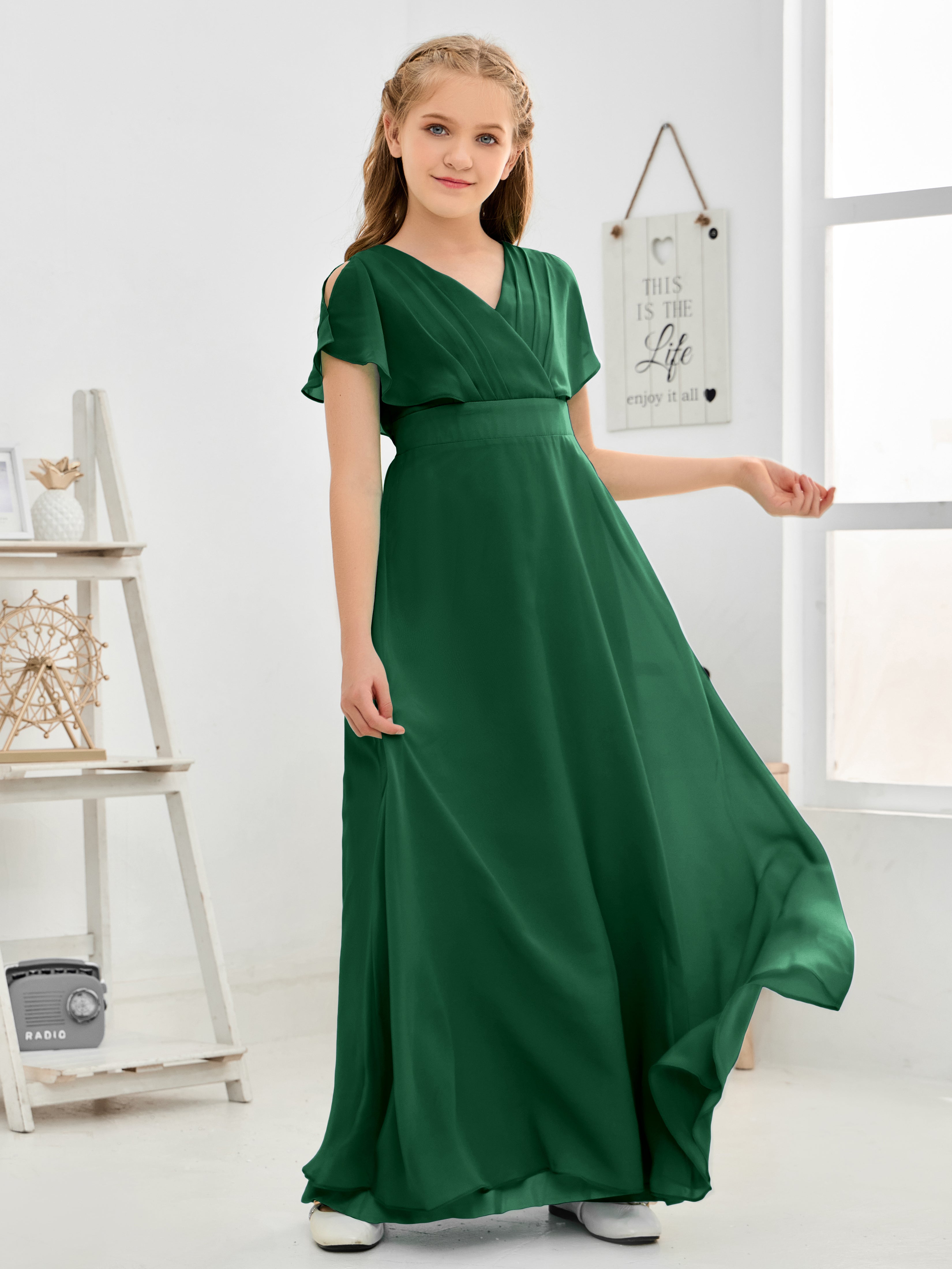 Short Sleeves Floor-Length Chiffon Junior Bridesmaid Dress