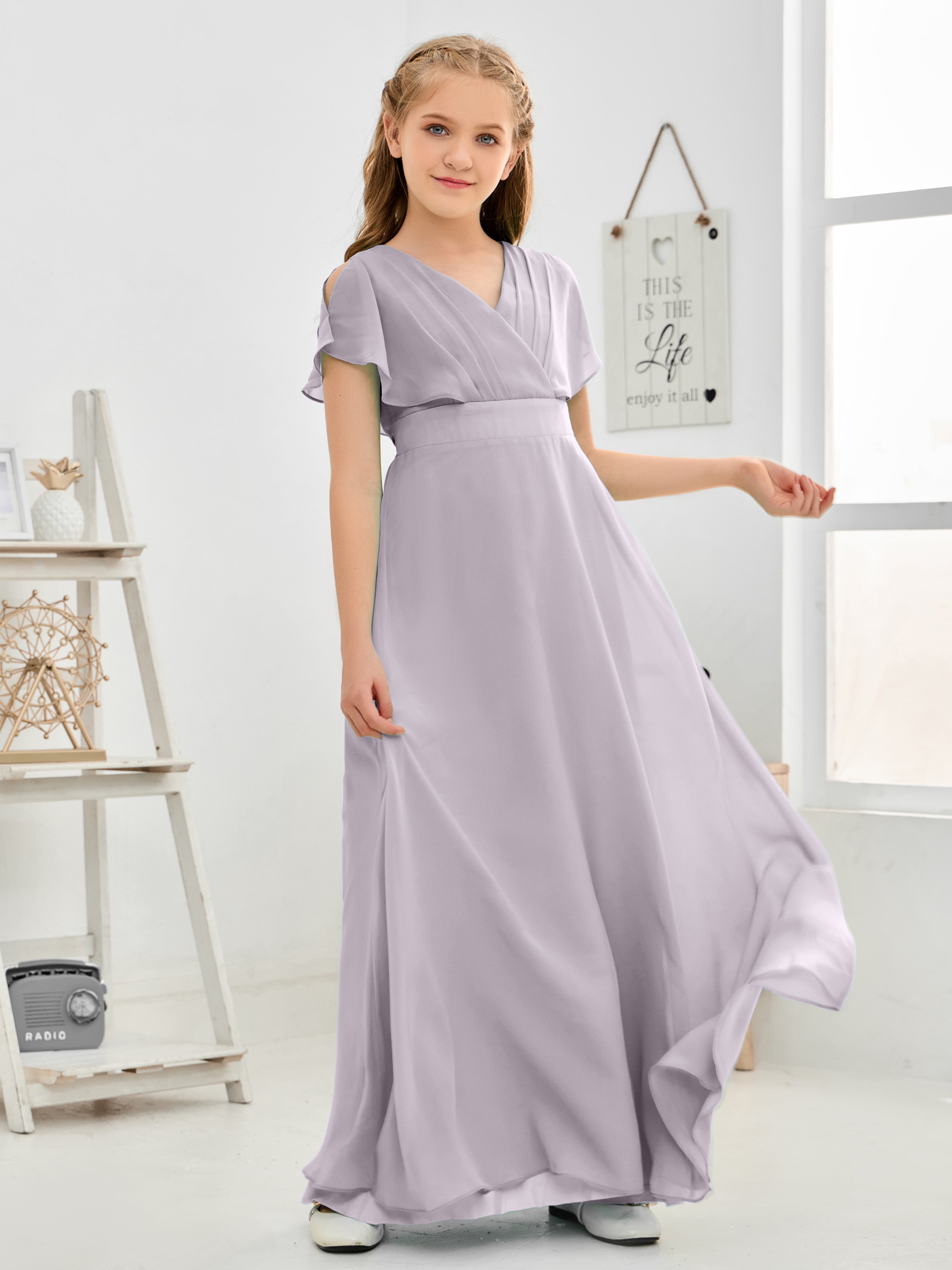 Short Sleeves Floor-Length Chiffon Junior Bridesmaid Dress