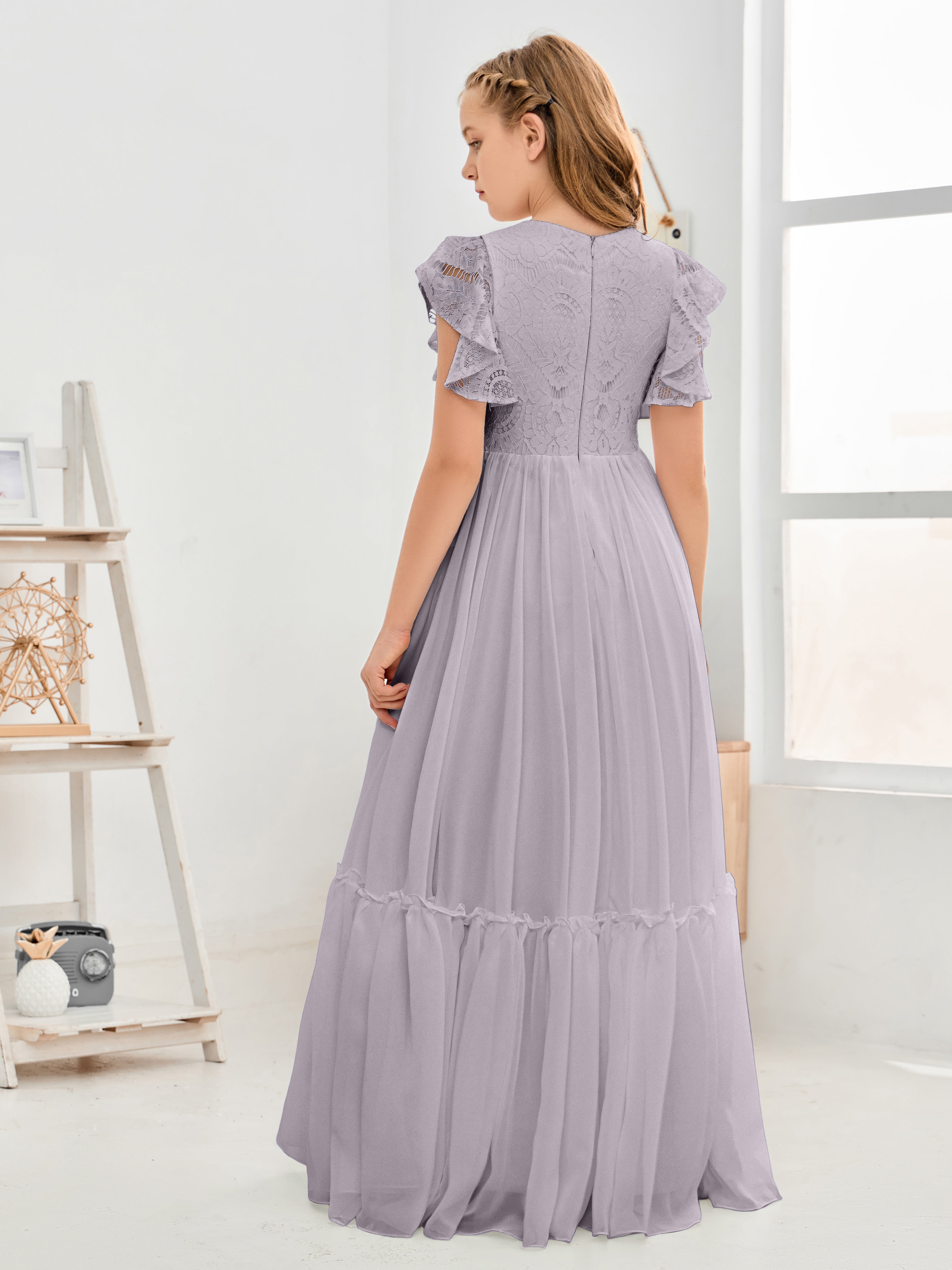 Short Sleeves Floor Length Chiffon Junior Bridesmaid Dress