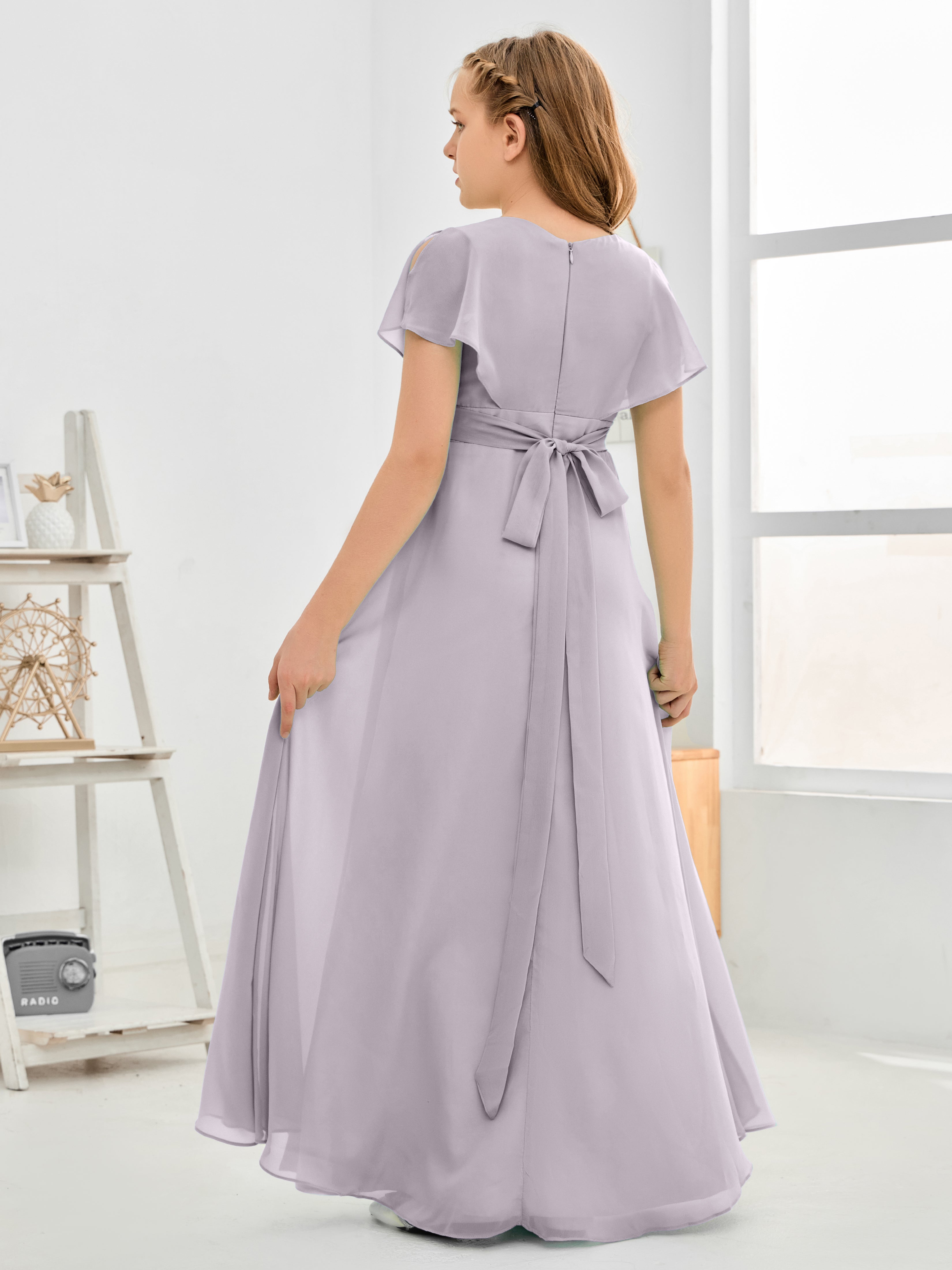 Short Sleeves Floor-Length Chiffon Junior Bridesmaid Dress