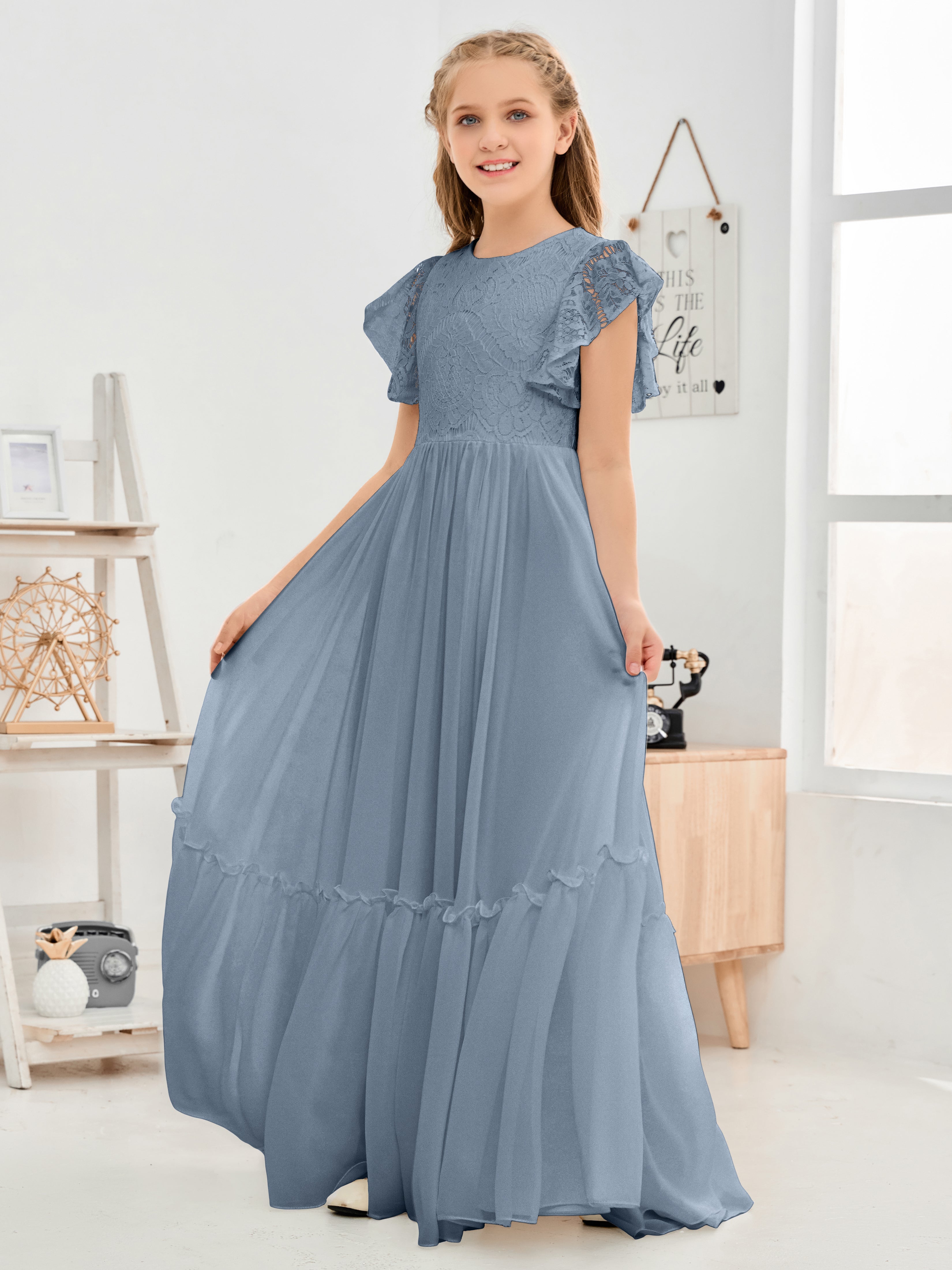 Short Sleeves Floor Length Chiffon Junior Bridesmaid Dress