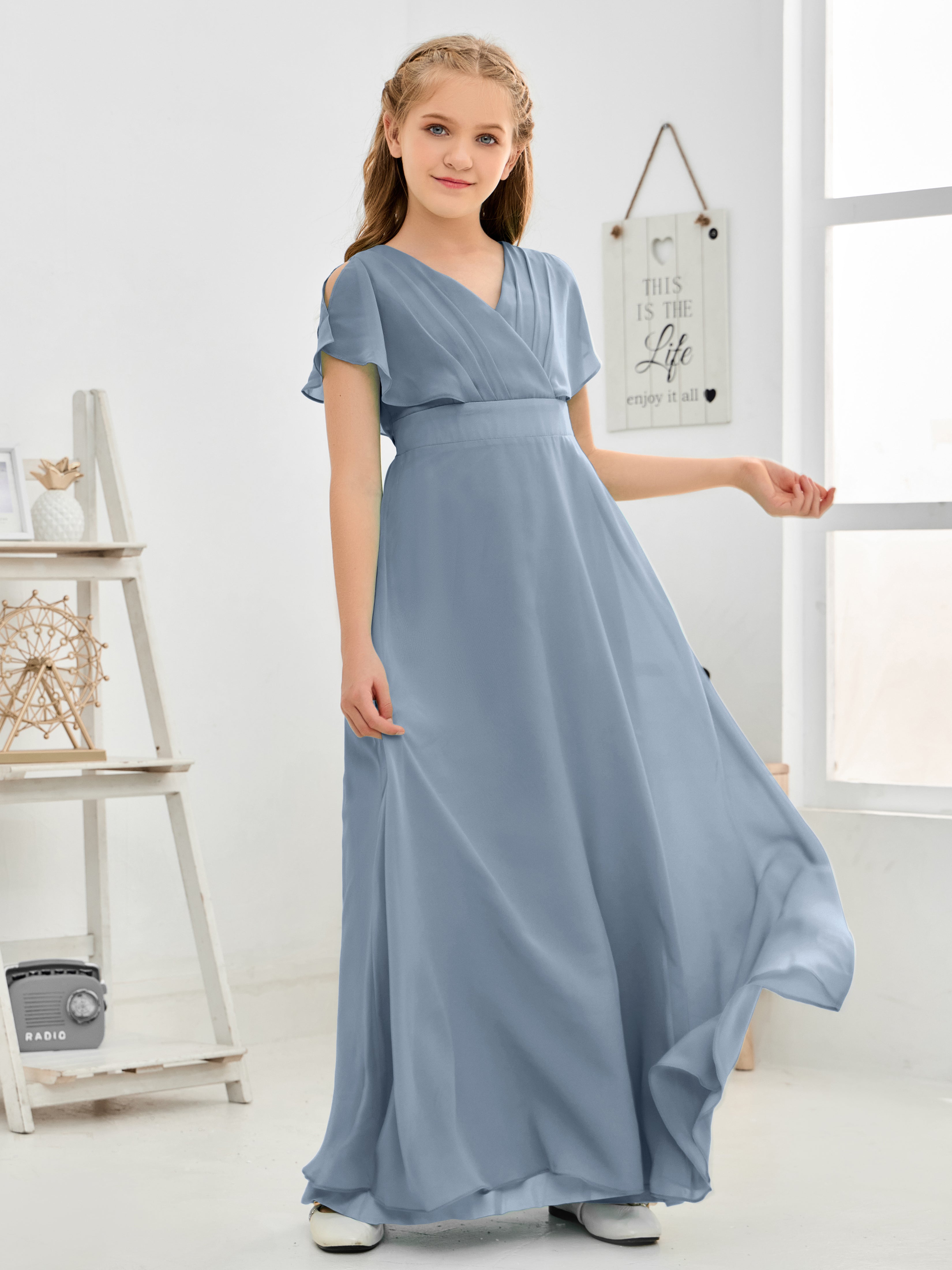 Short Sleeves Floor-Length Chiffon Junior Bridesmaid Dress