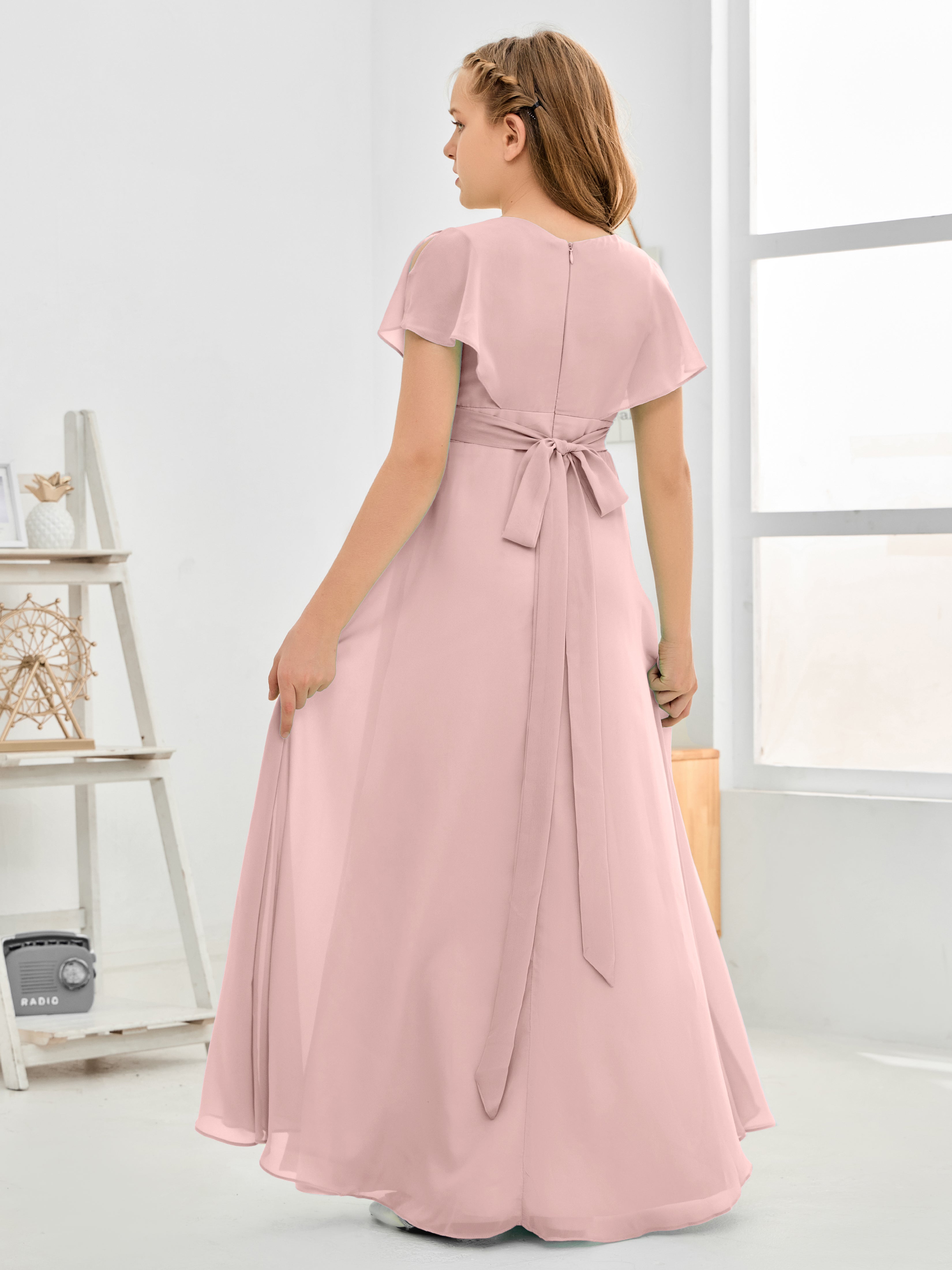 Short Sleeves Floor-Length Chiffon Junior Bridesmaid Dress