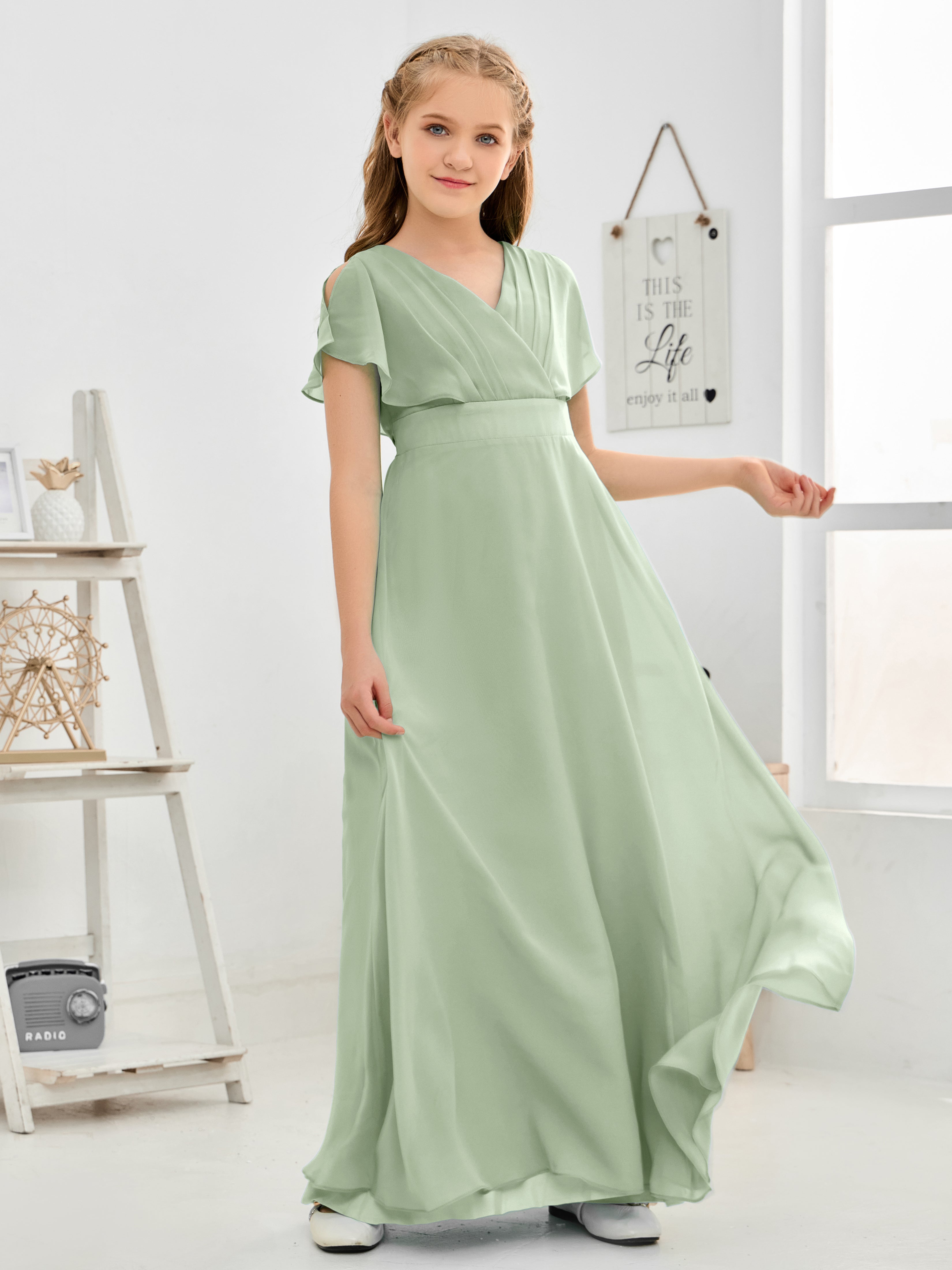 Short Sleeves Floor-Length Chiffon Junior Bridesmaid Dress