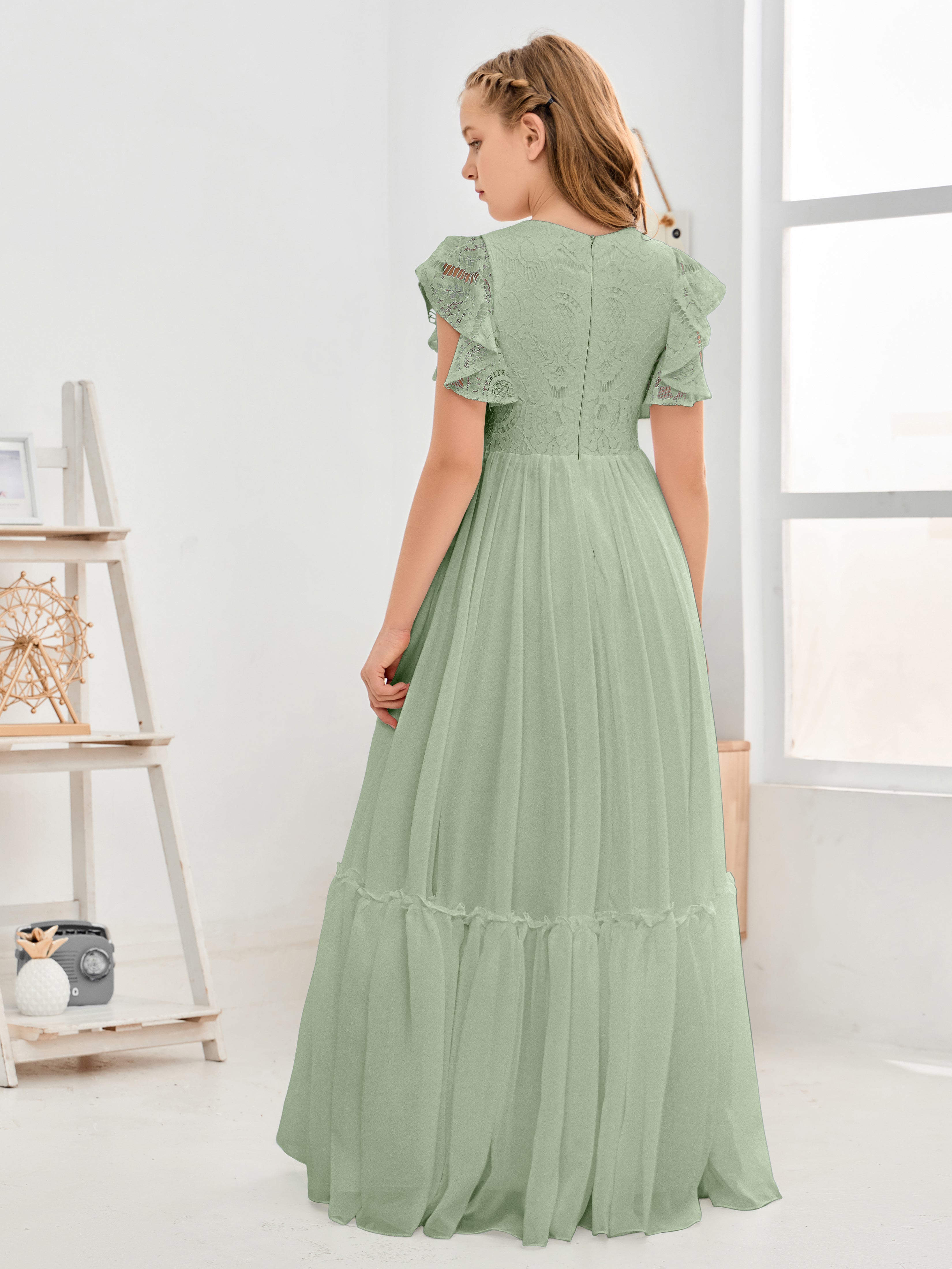 Short Sleeves Floor Length Chiffon Junior Bridesmaid Dress