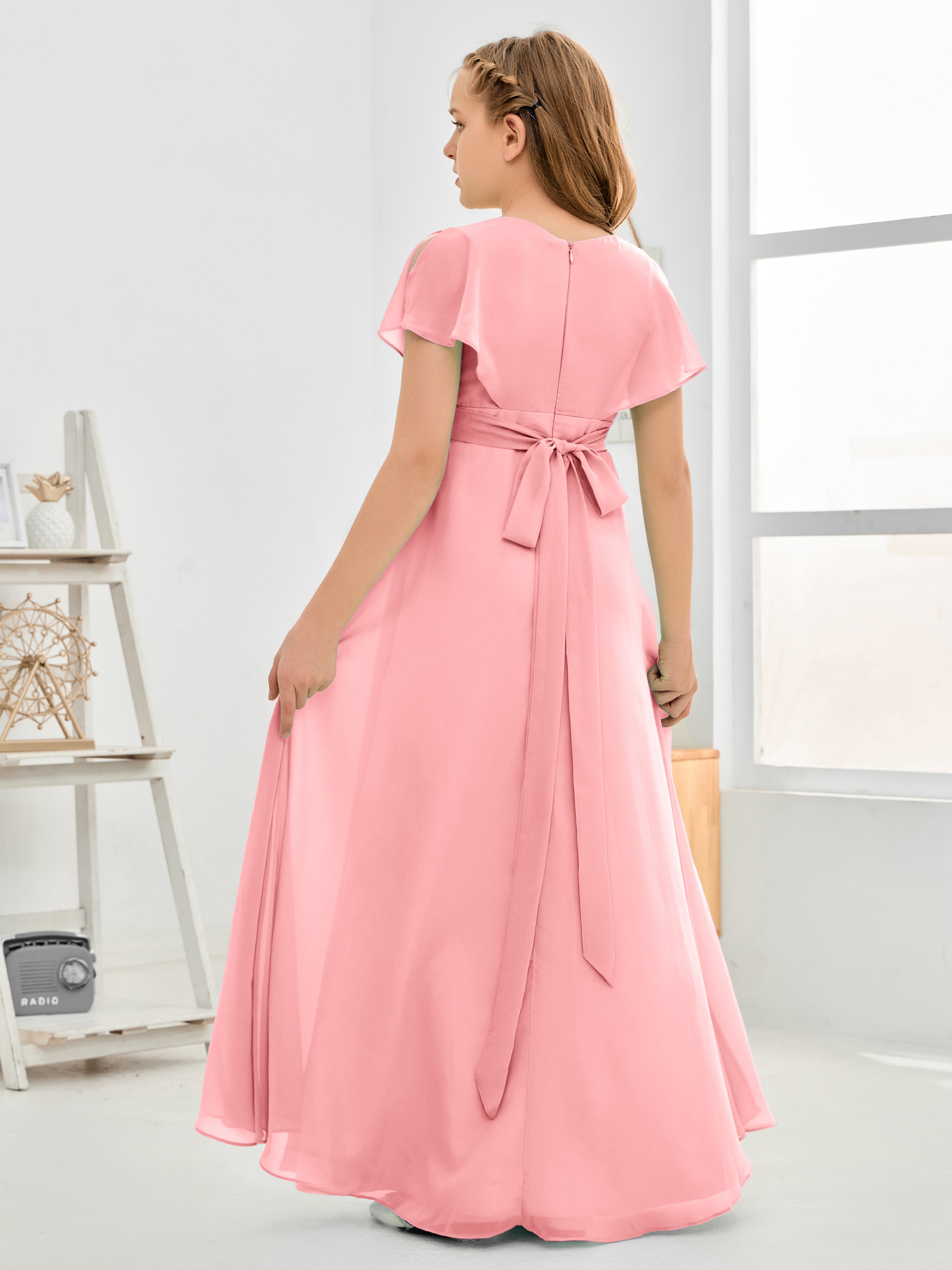 Short Sleeves Floor-Length Chiffon Junior Bridesmaid Dress