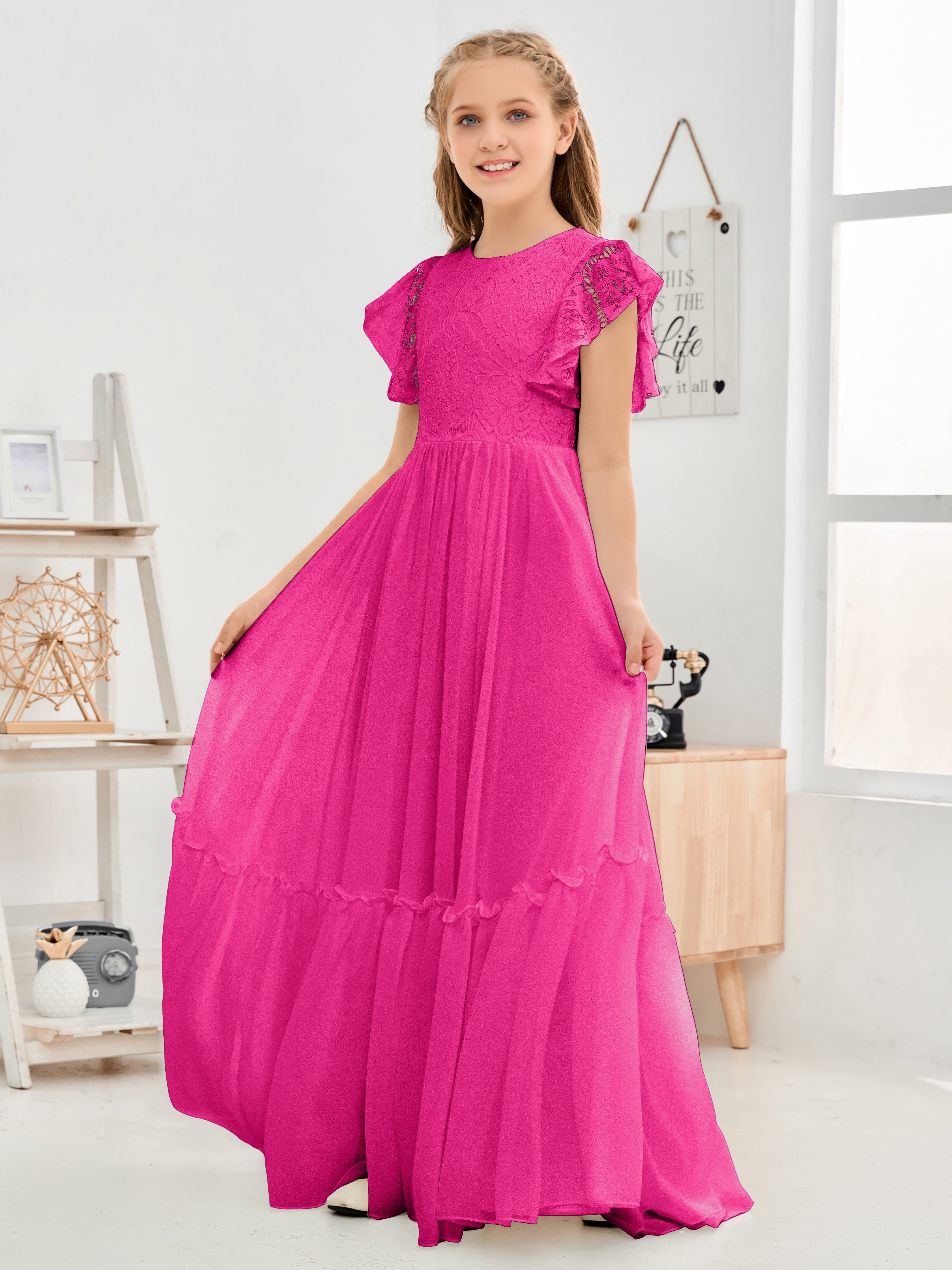 Short Sleeves Floor Length Chiffon Junior Bridesmaid Dress